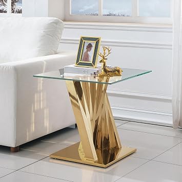 Modern End Table, Small Glass Side Table, Living Room End Table with Tempered Glass Top & Gold Geometric Shape Stainless Steel Base, Square End Table, Luxury Accent Sofa Side Table, Bedside Table
