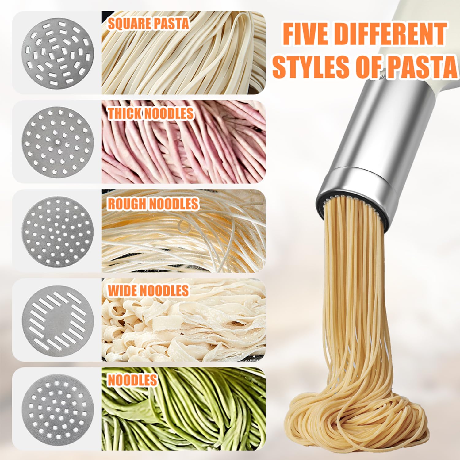 Elektrische Hand Nudelmaschine, Kabellose Pasta Maker mit 5 Nudelformen & Messbecher, Wiederaufladbar für Frische Pasta, Weiß