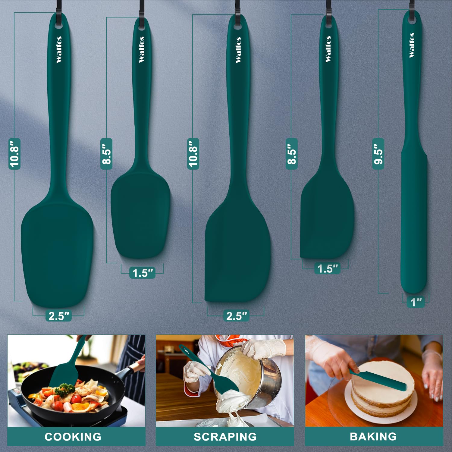 Walfos Silikon-Spachtel-Set, 5 Stück, (315 °C), hitzebeständig, dunkelgrün, Küchenschaber, einteilig, nahtloses Design, perfekt zum Kochen, Mischen und Backen, BPA-frei und spülmaschinenfest