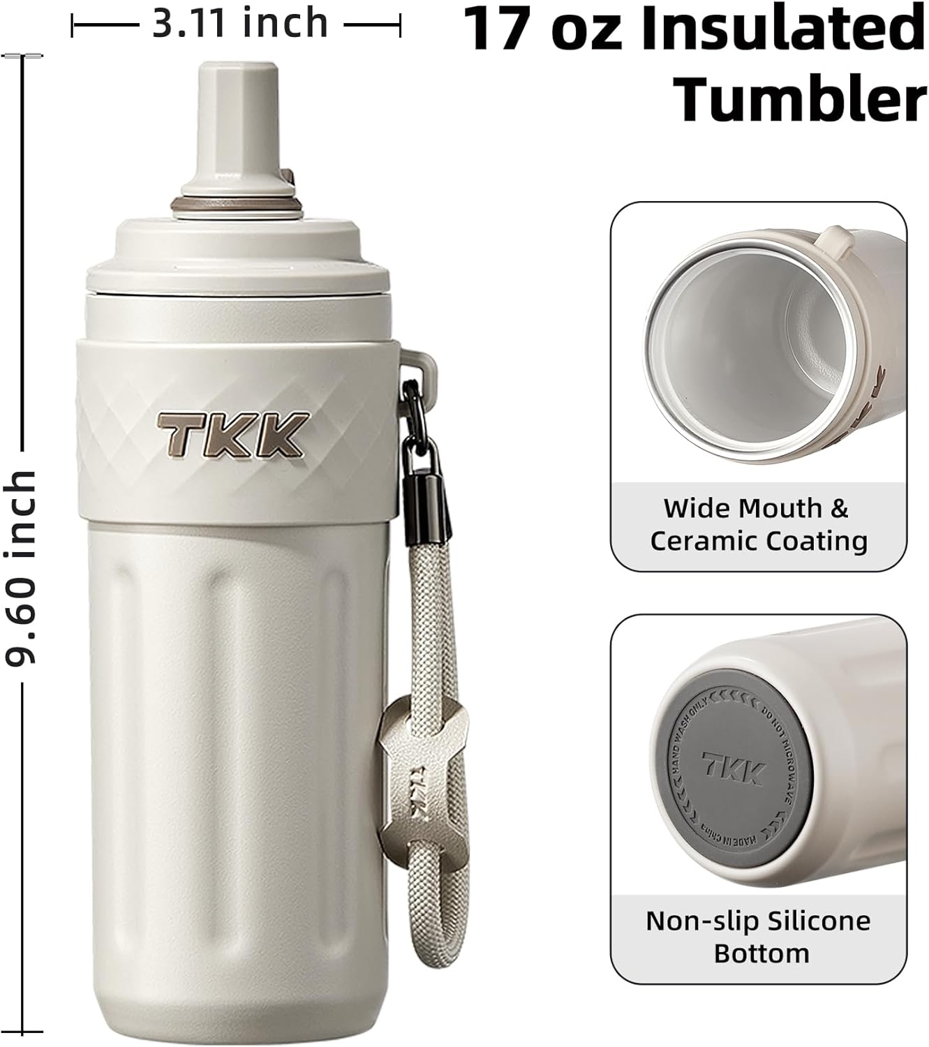 TKK 17 OZ Travel Tumbler Ceramic Lining with Straw Lid, Stainless Steel Vacuum Insulated Double Wall Coffee Tumbler, Leak Proof Iced Water Bottle with Carry Strap for Hot & Cold Drinks, Beige - Image 6