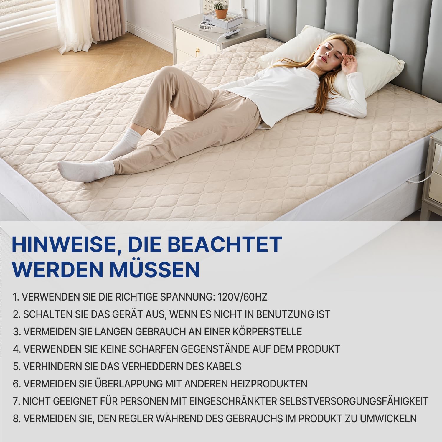 WOOMER Elektrische Wärmeunterbett mit Abschaltautomatik,200GSM/Samt Heizdecke mit 12h-Timer, 10-Stufen, Überhitzungsschutz, 5,8m Kabel, Für Matratzen bis 45cm / Waschbar/Hellbraun/135×190cm