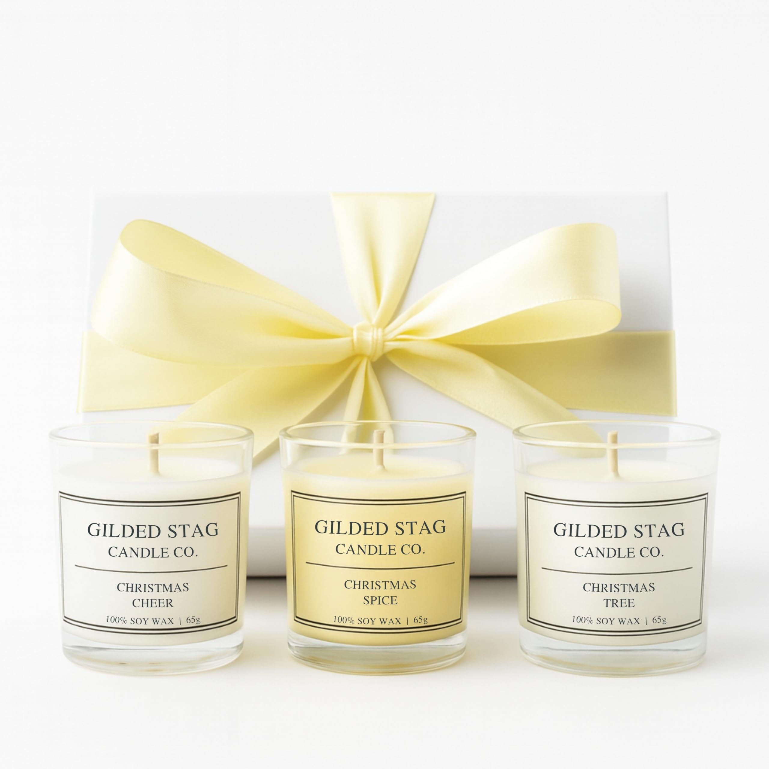 Festive Scented Candle Gift Set by Gilded Stag Candle Co. – 3 × 65g (9cl) Christmas Spice, Christmas Tree, Christmas Cheer – Luxury Gift Box, Vegan Soy Wax, Up to 15h Burn Per Candle