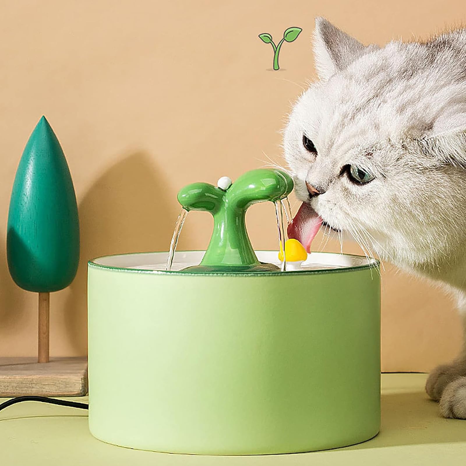 Fontana d'Acqua Automatica per Gatti da 1,5 L, Distributore Elettrico di Acqua per Animali Domestici in Ceramica con Pompa Silenziosa 6 Filtri di Ricambio per Gatti, Cani,Verde