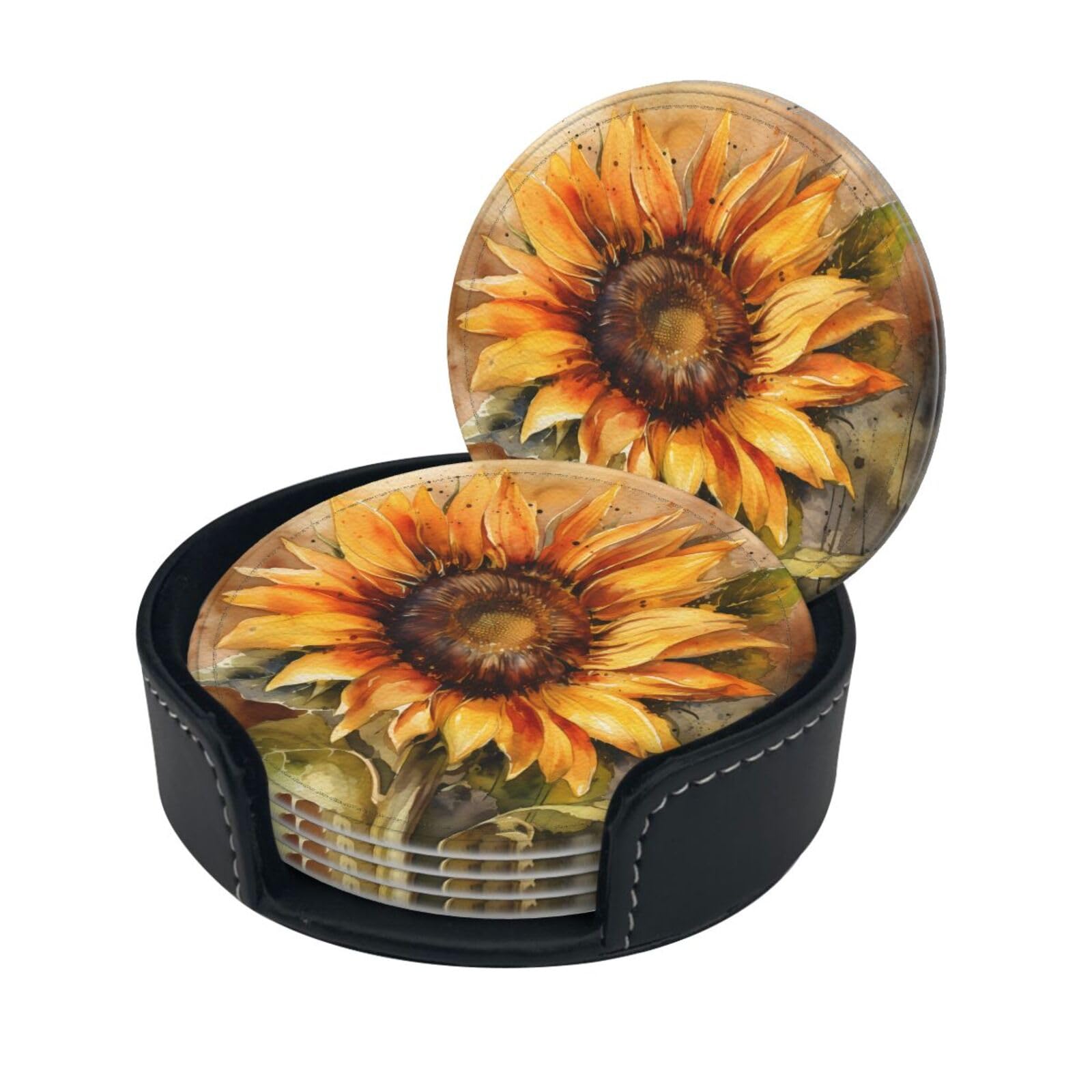 Sunflower Pattern Print Coaster,Round Leather Coasters with Storage Box for Wine Mugs,Cold Drinks and Cups Tabletop Protection (6 Piece)