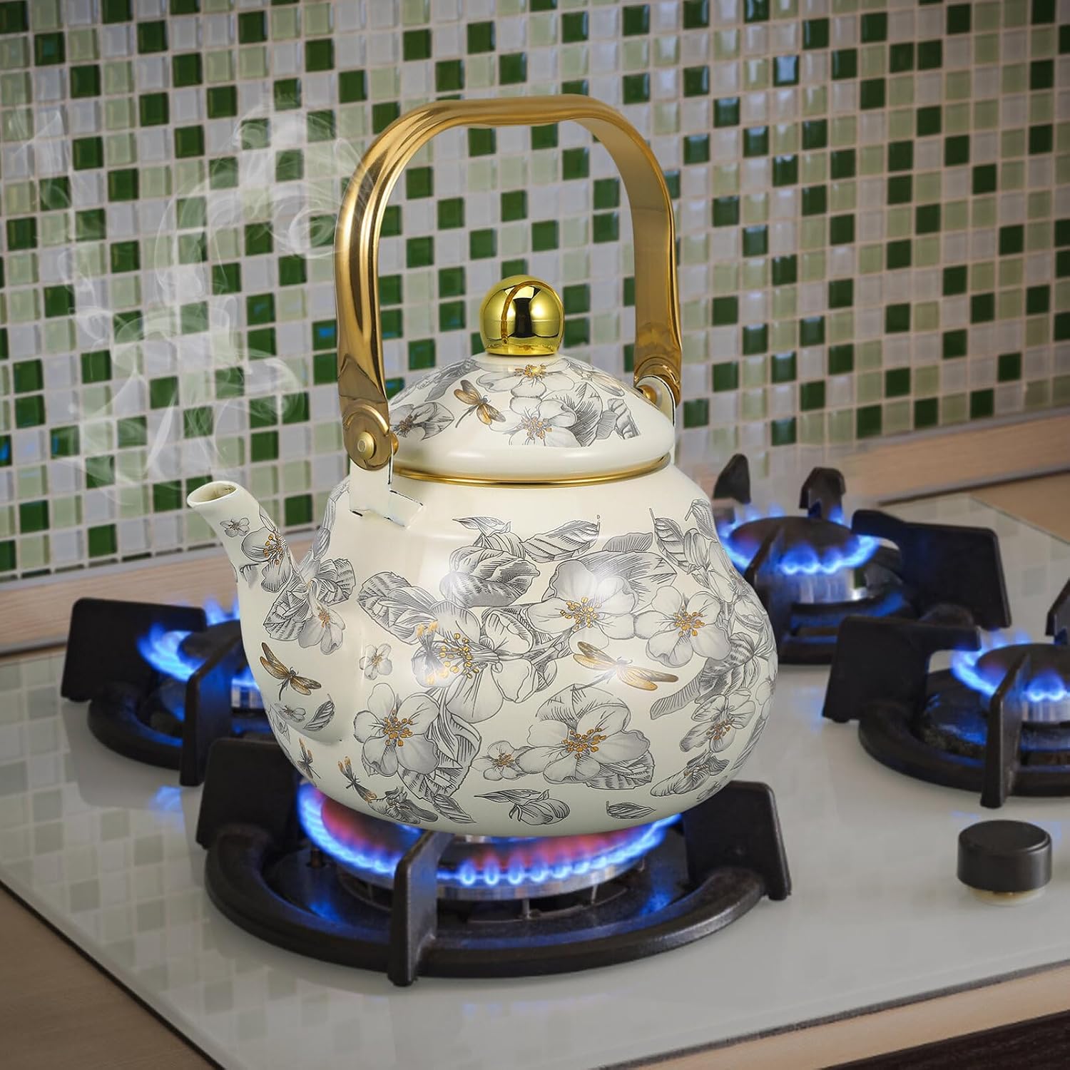 Alipis Vintage Enamel Tea Kettle, 2L Ceramic Enamel Teapot Boiling Floral Tea Kettle Coffee Pot Porcelain Water Kettle for Stovetop Induction Cooker No Whistling