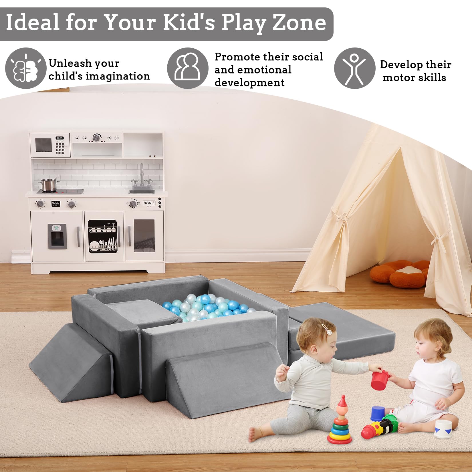 Canapé de Jeu modulable Enfant 12 pièces en Mousse Convertible – Blocs à Construire cabane/Tunnel/Toboggan + Coin Lecture – Housses en Velours lavables – canapé de Sol – Couleur : Gris