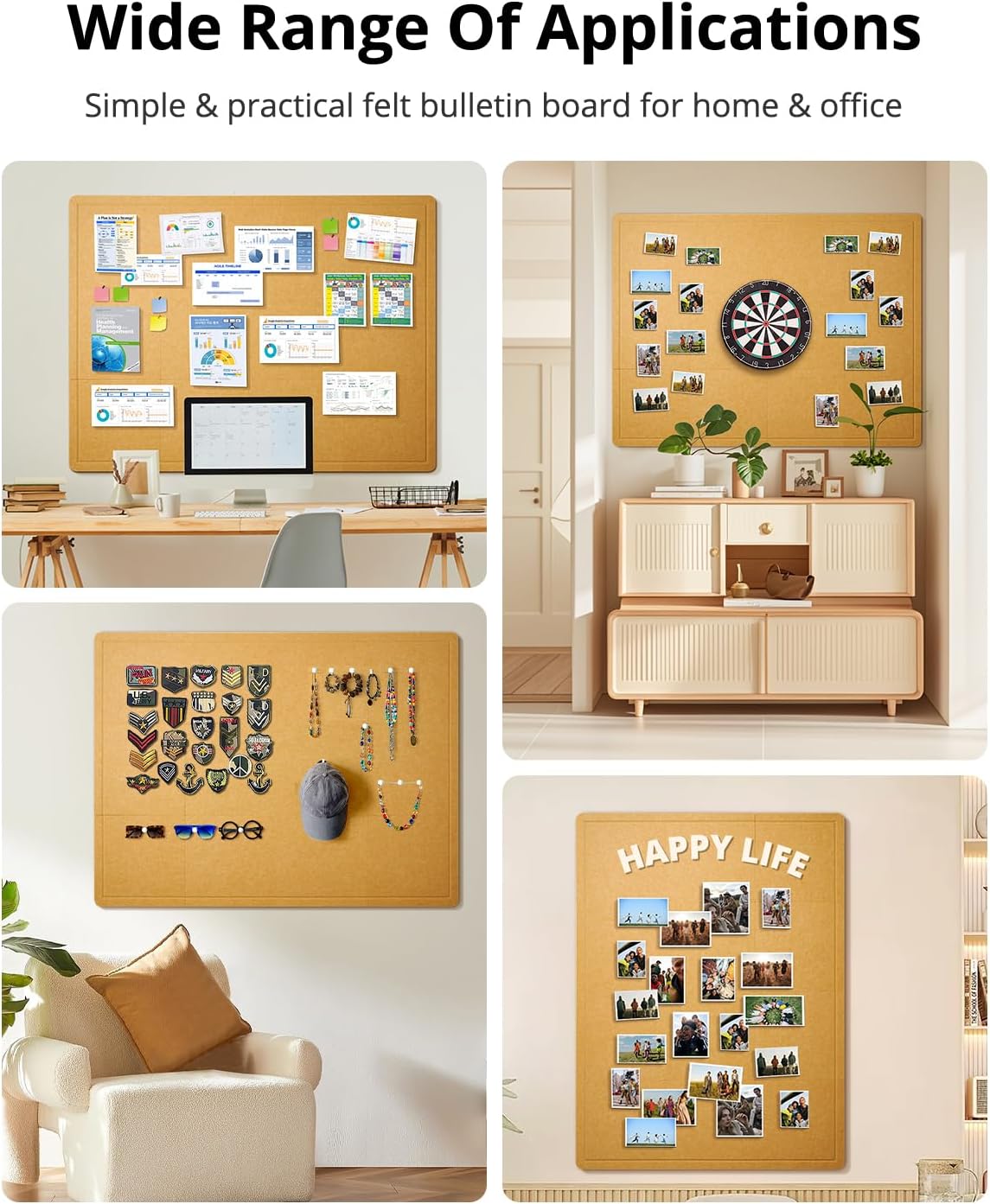 Bulletin Board, 48 x 36 inches Cork Board Alternative, 12 Pack Felt Pin Boards for Walls Home Office Decor, Classroom with 60 Adhesive Tabs Longan Yellow