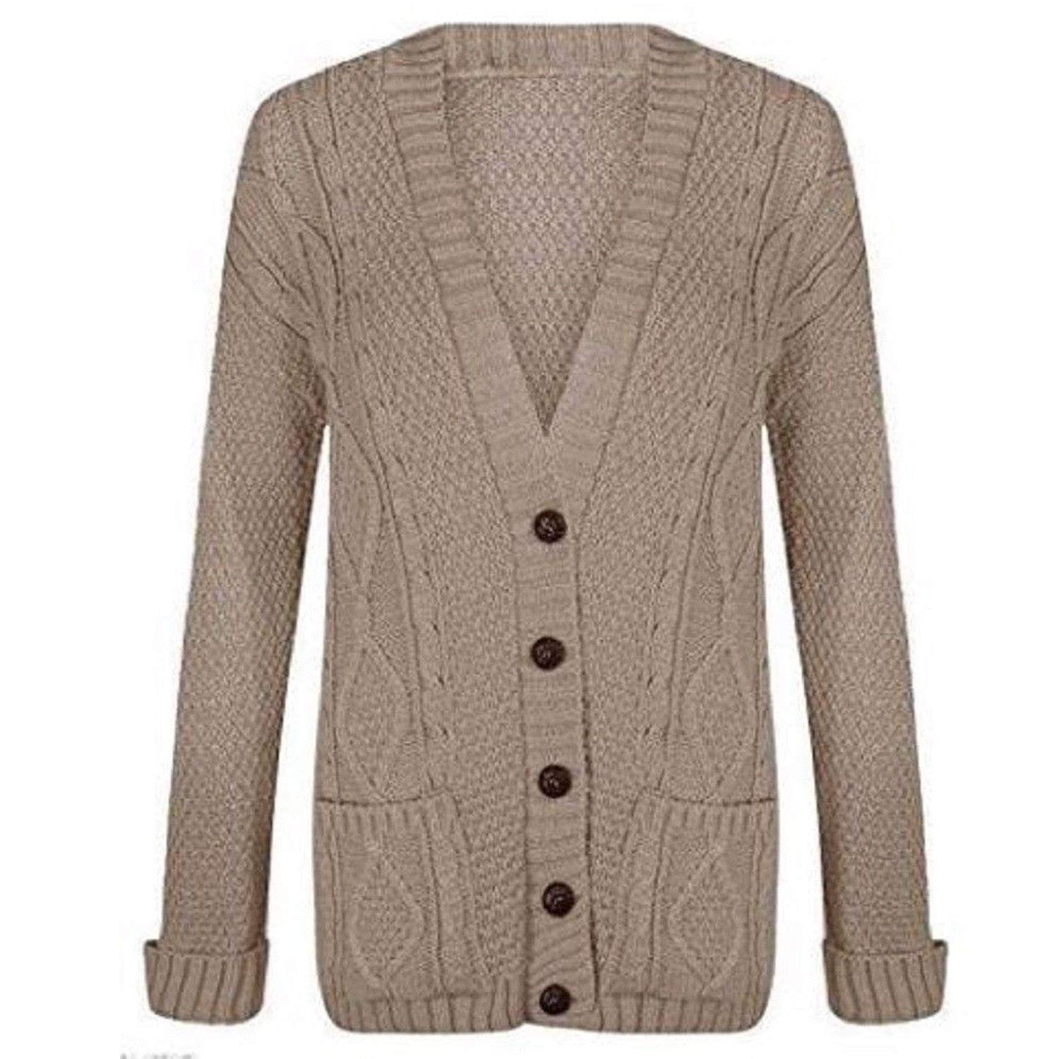 Top Fashion18 Womens Cable Knitted Button Cardigan Long Sleeve Ladies Boyfriend Top Sizes 8-22 Mocha