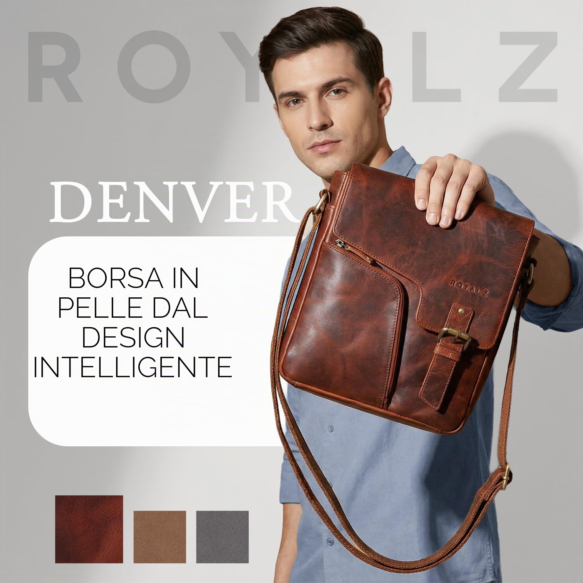 ROYALZ "Denver Borsa uomo vera pelle piccola vintage Tracolla Borsello Vero Cuoio Messenger per Tablet da 10,1 Pollici Viaggio