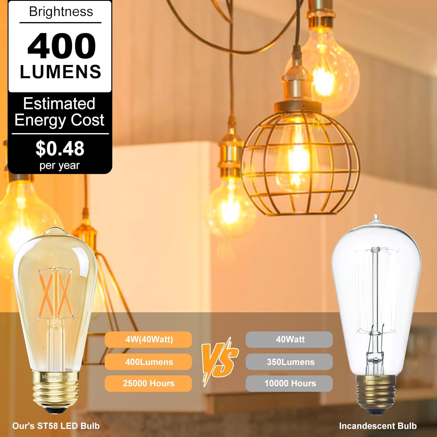 Dimmable ST58 LED Edison Bulbs 40W Equivalent, 2200K Amber Warm Light, E26 Base Vintage Light Bulbs, 4W 400LM Antique Decorative Filament Bulb for Farmhouse Pendant, Porch, Home Decor, 6 Pack