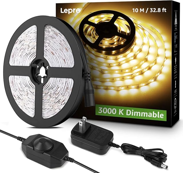Lepro LED Lumières à bande, 32.8ft 24V Lumières à bande variable et flexible, 3000K Blanc chaud, 600 Unités 2835SMD Lampe à ruban pour la maison, Cuisine, Chambre, Voiture et plus, Non imperméable, Adaptateur électrique inclus