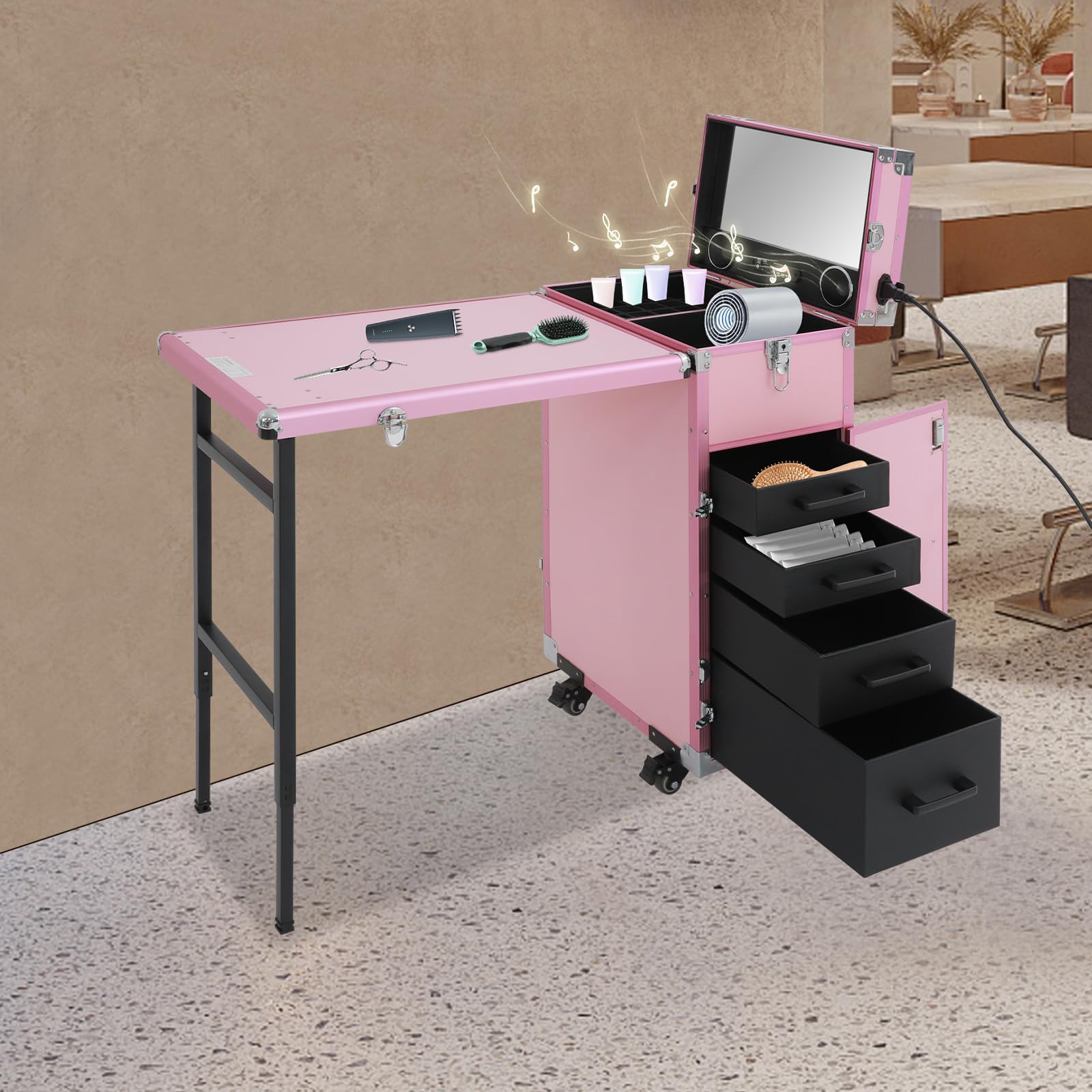 Tavolo per unghie professionale portatile, pieghevole da viaggio, con altoparlante Bluetooth e specchio, ruota universale a 360°, carrello cosmetico, organizzatore di immagazzinaggio (rosa)