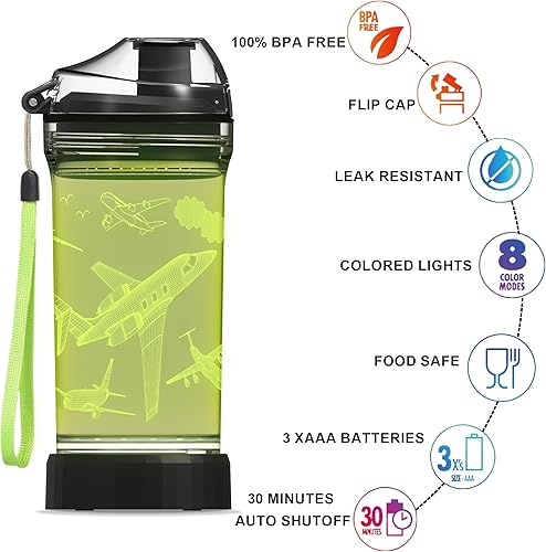 Miniatura 6 de Botella de agua para niños, taza deportiva iluminada con temática de avión con luz LED 3D brillante para avión, 14 onzas Tritan sin BPA, regalos
