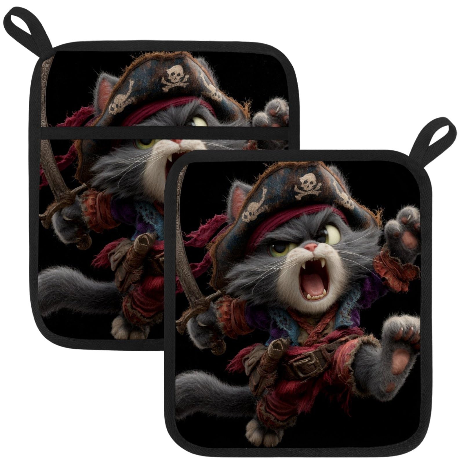 VAPOKF Pirate Cat Pot Holders with Pocket for Kitchen Heat Resistant Potholders Large Polyester-Cotton Square Oven Mitts Set