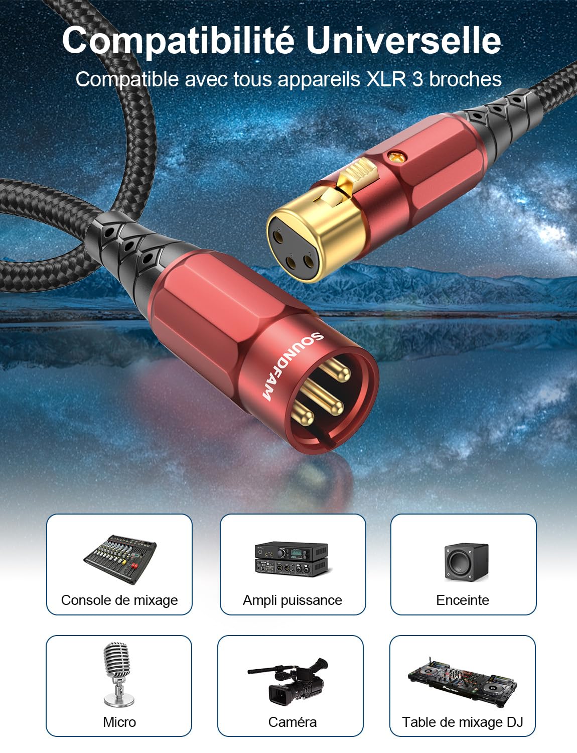 Câble XLR pour Microphone | Connecteurs XLR Dorés 24K | Double Blindage Avec Câble OFC 99,99% | Studio, Scène, Podcast, Streaming en Direct [3m-Rouge]