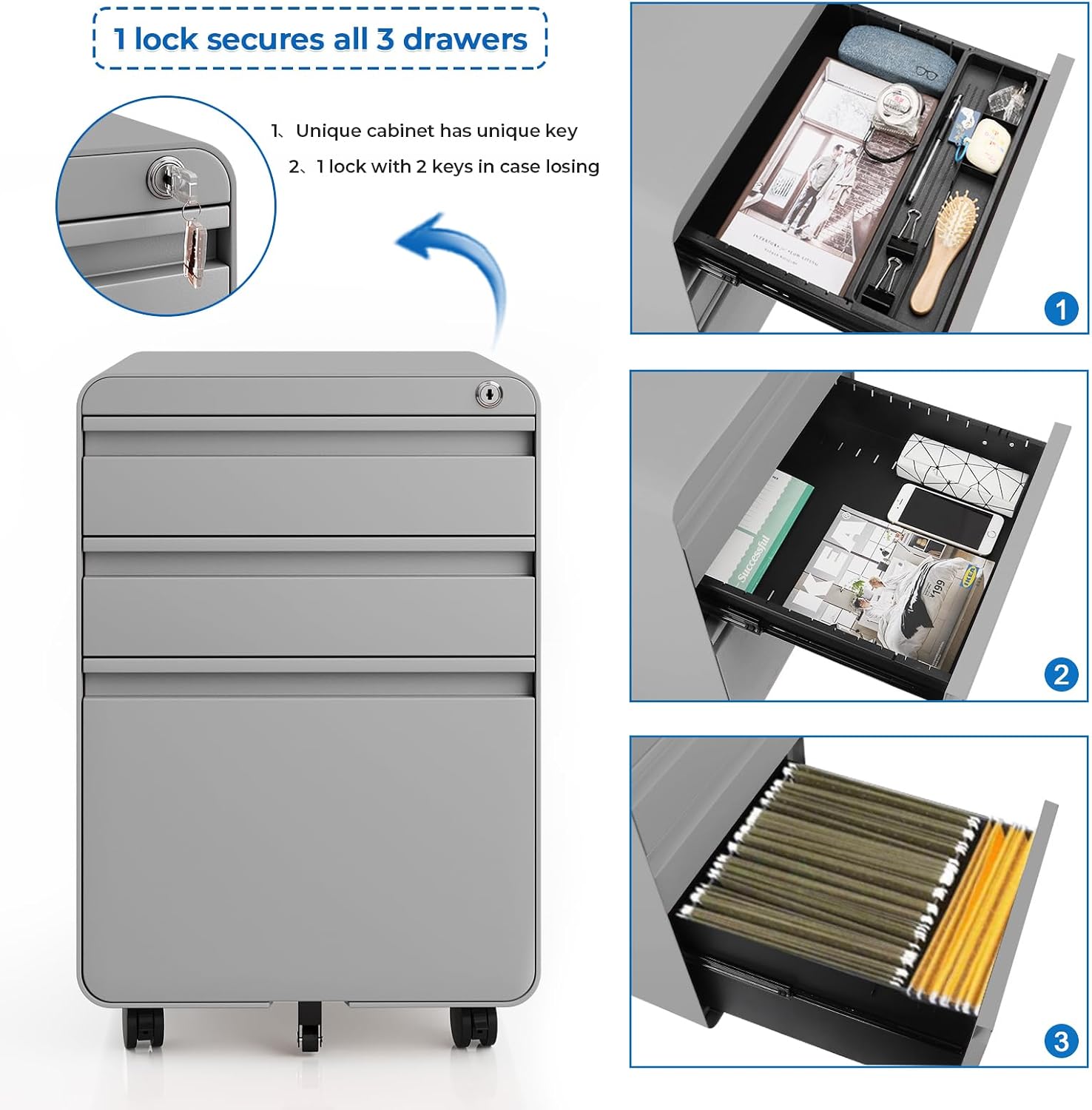 Dripex 3 Drawer Grey File Cabinet, Mobile Under Desk Storage File Cabinet with Lock on Wheels, Letter/Legal Size,Fully Assembled, Small Short Vertical Metal Rolling Filing Cabinets for Home Office