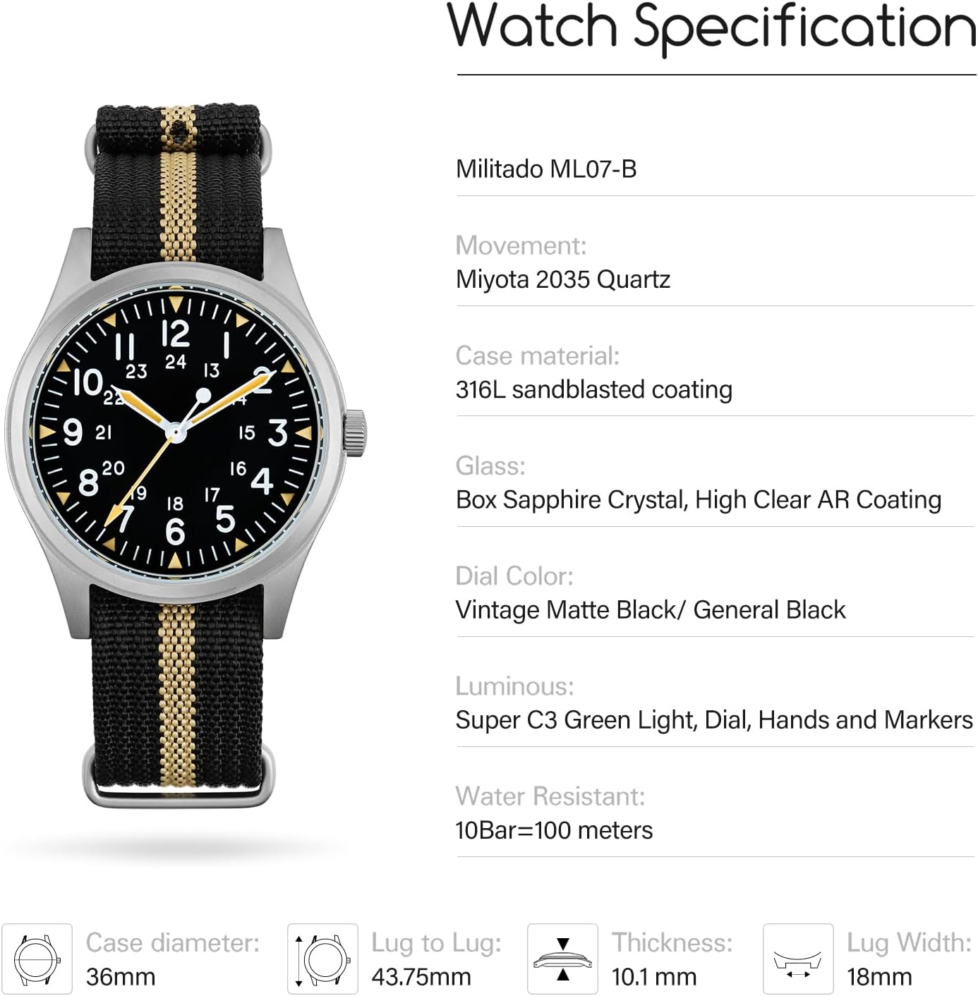 TACTICAL FROG Militado ML07 36mm Field Watch VH31 Japan Movt with Sweep Seconds Men's Military Watch 10 ATM Waterproof Analog Watches for Men and Women Unisex Wristwatch