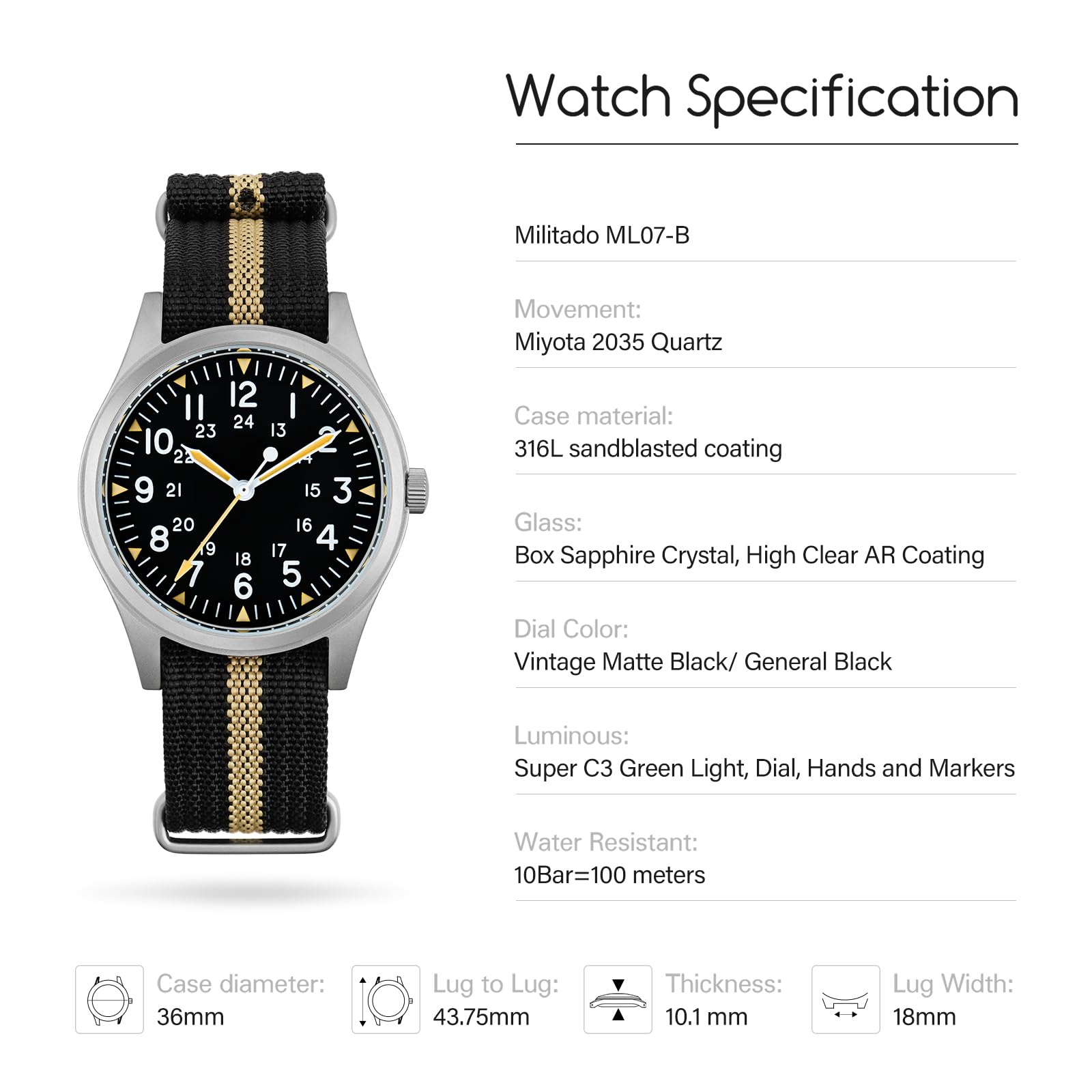 TACTICAL FROG Militado Miyota Super 2035 Orologio militare da uomo, movimento giapponese, impermeabile fino a 100 m, quadrante nero opaco vintage con C3 luminoso, cinturino in nylon