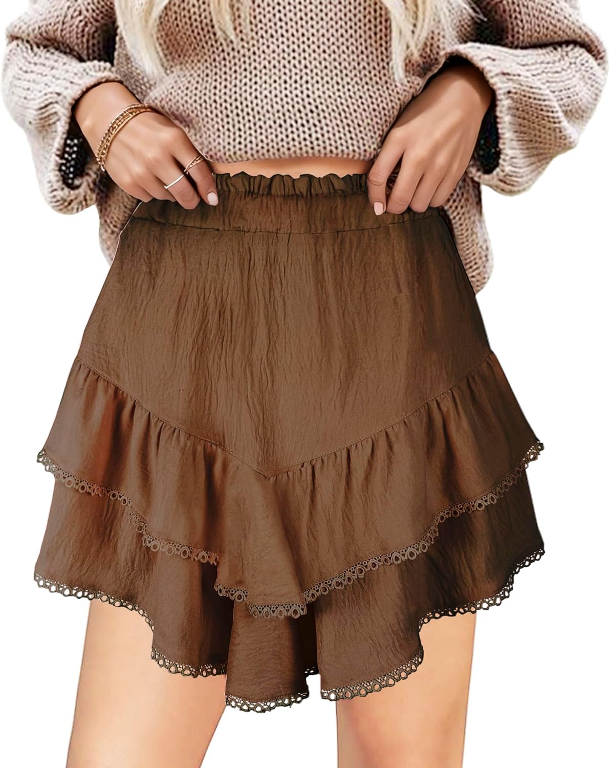 GOOBGS Flowy Shorts for Women High Waisted Lace Skort Trim Trendy Crochet Skirt Tennis Short