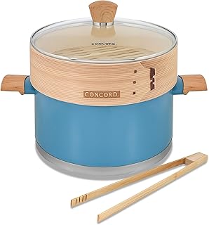 CONCORD 10" Stainless Steel Steamer Pot with Natural Bamboo Steamer 24 CM Steaming Cookware (Lagoon/Bamboo)