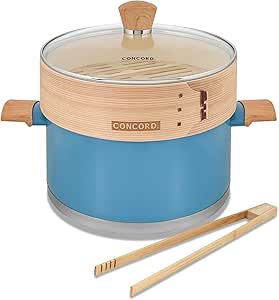 CONCORD 10" Stainless Steel Steamer Pot with Natural Bamboo Steamer 24 CM Steaming Cookware (Lagoon/Bamboo)