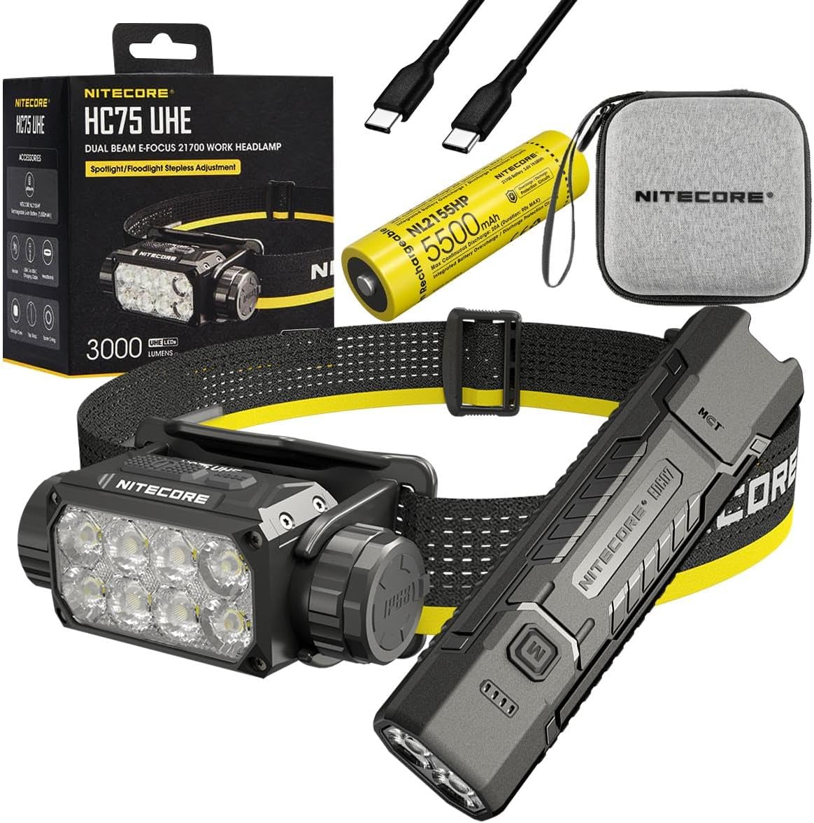 Nitecore HC75 + EDC07 Black HC75 UHE Rechargeable E-Focus Spotlight Floodlight Headlamp 192m Beam -3000 Lumens (Upgrade of HC68) w/ EDC07 Ultraslim and Lightweight High CRI Three Color Temp