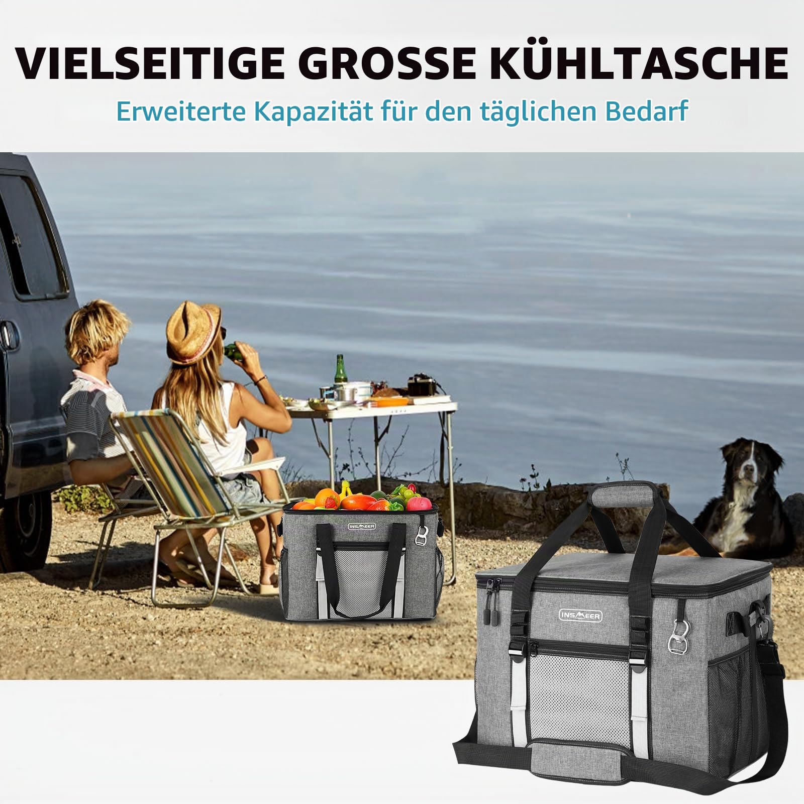 INSMEER Kühltasche Groß 50 l, Kühltaschen Faltbar für 80 Dosen, Faltbare/Auslaufsicher mit Öffner, Picknicktasche/Kühlbox Gross für Camping, Strand, Picknick, Familienausflüge für 4 Personen