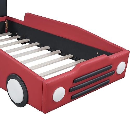 Miniatura 79 de Cama de plataforma clásica en forma de automóvil con ruedas, cama de automóvil de tamaño matrimonial con soporte de listones de madera, marco de