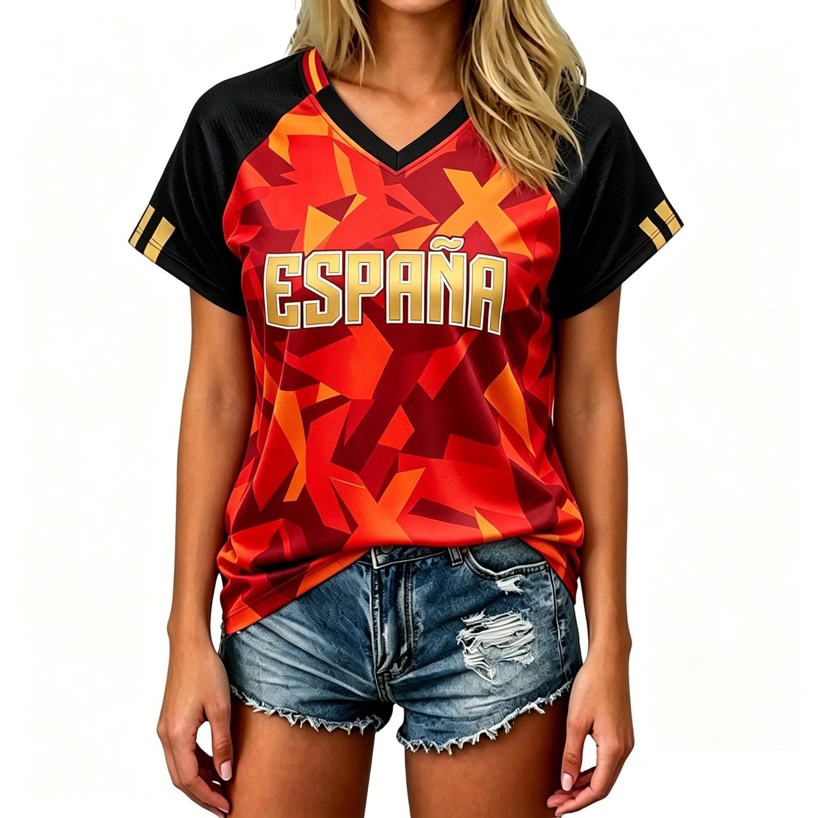 Spain Football T-Shirt for Women Short Sleeve V-Neck Shirts Spain Flag Comfortable Casual Tee Retro Soccer Jersey Adult and Kids Summer Tops (1-Watermelon Red, XXL)