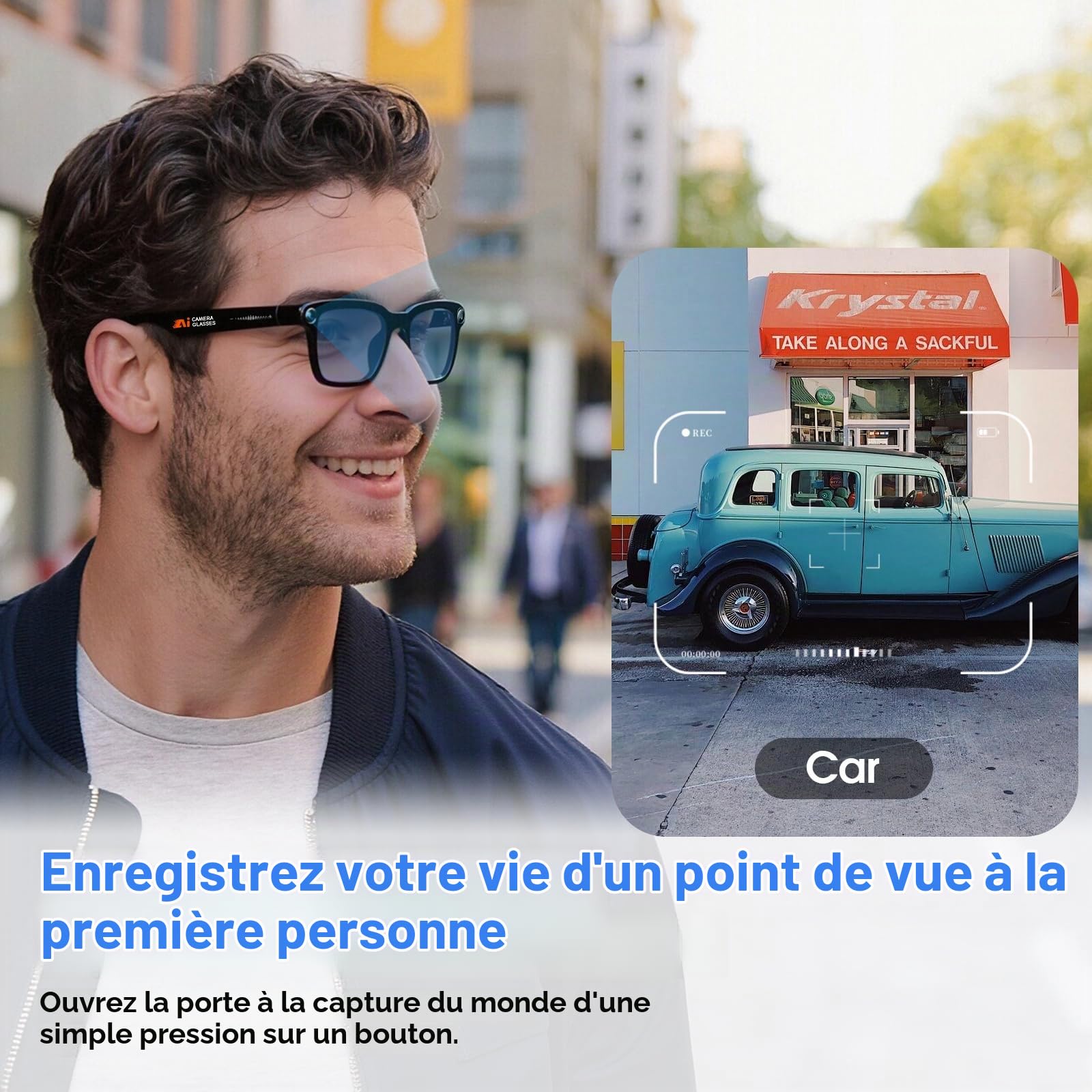 GenXenon Lunettes Connectées avec Caméra, Caméra 8 MP, Batterie 300 mAh, Charge USB-C, Prend en Charge l'enregistrement Vidéo 1080P, Photos et Assistant IA, pour Voyage, Camping (3 Paires de Verres)