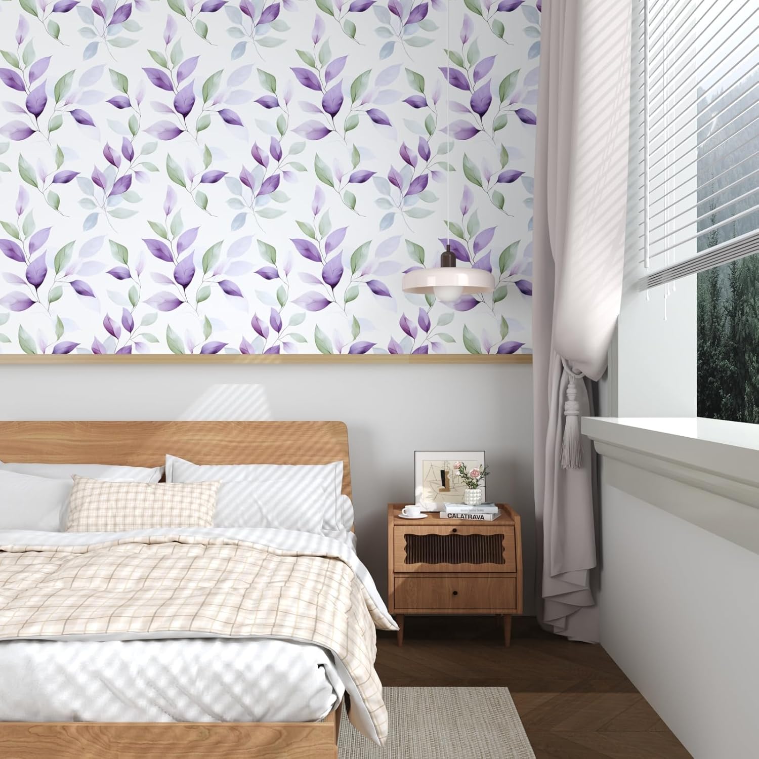 Green Purple Leaf Wallpaper Peel and Stick 17.5in × 32.8ft Vintage Leaf Contact Paper Vinyl Self Adhesive Removable Boho Modern Floral Wall Paper for Kitchen Walls Desk Countertop