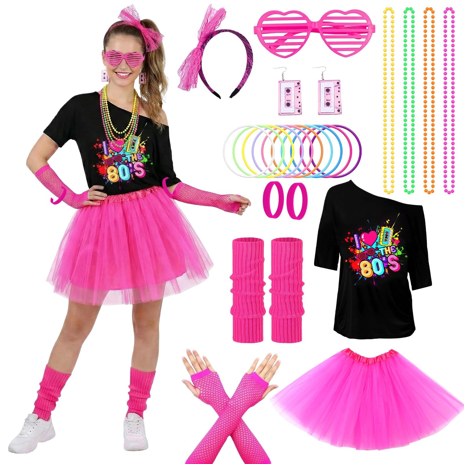 Aleshime 80s Fancy Dress Costume Women - Hot Pink Tutu Skirt Outfit with I Love The 80s T-Shirt & Neon Accessories for Hen Party