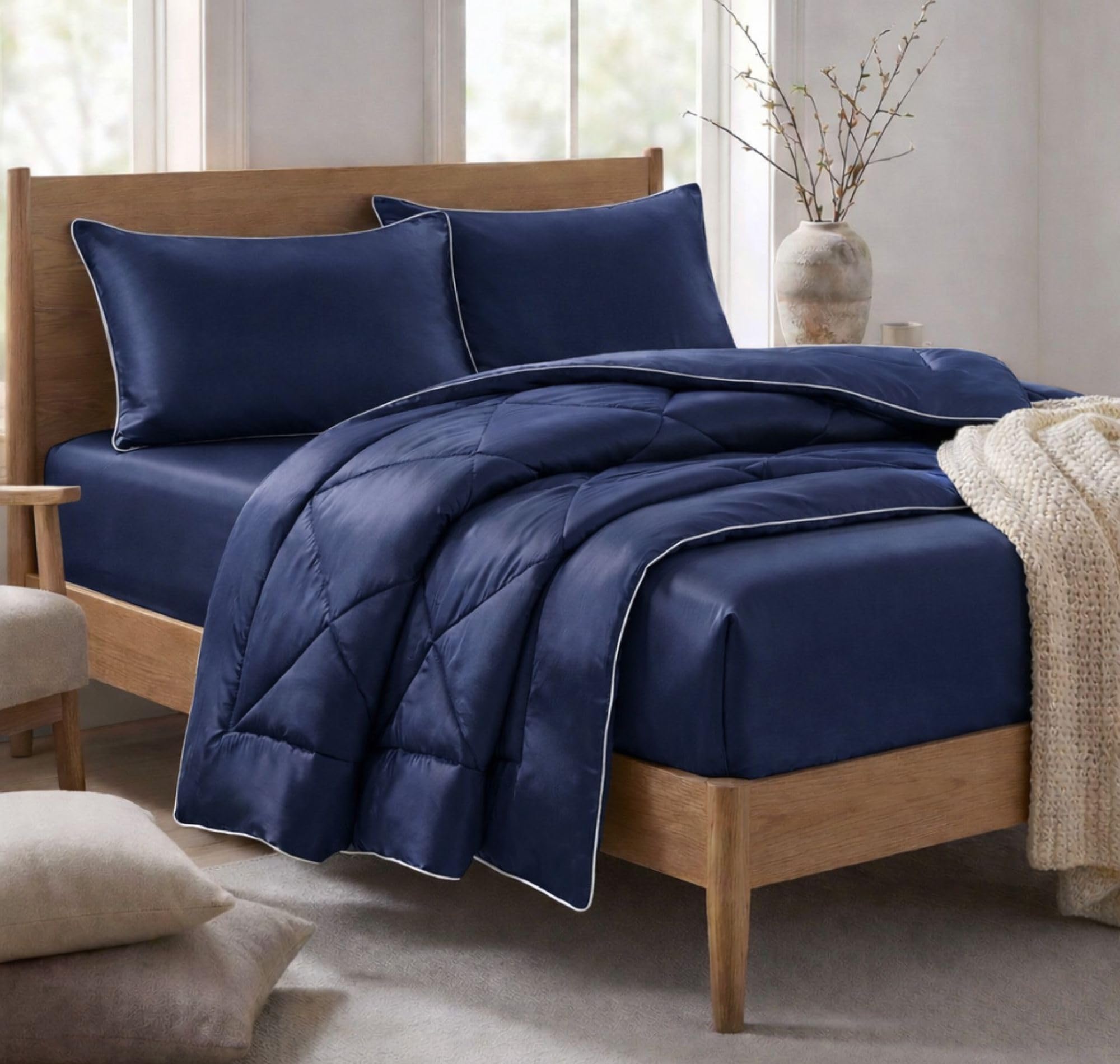 VAS COLLECTIONS 300 TC Satin Silk AC Comforter Set King Size (88x96 Inch) with Flat Bedsheet (108x108 Inch) & 2 King Pillow Covers | Soft Silky 4-Piece Bedding Set (4PC_Navy Blue)-image-47