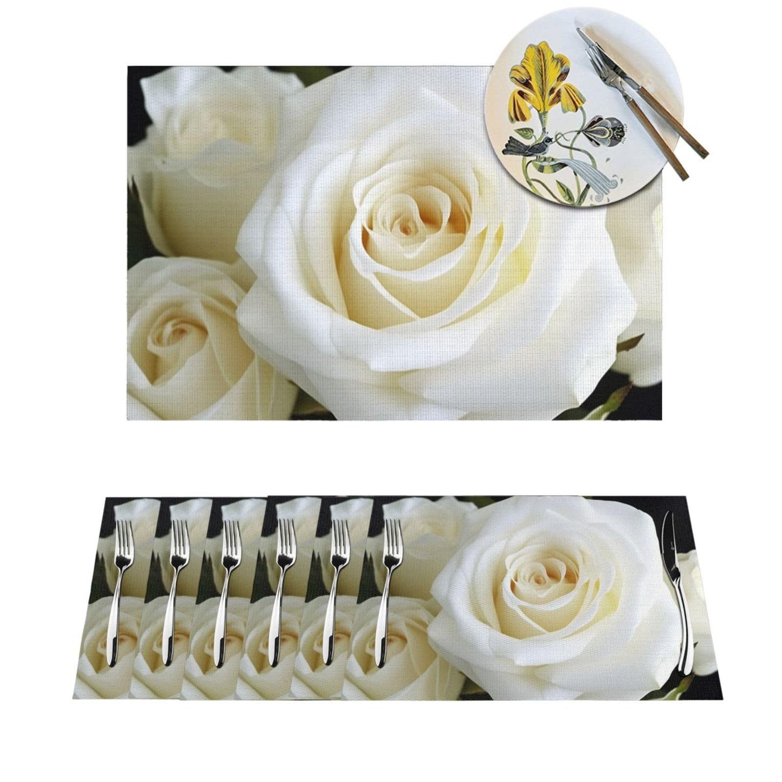Set de table lavable au motif rose blanche, l'élégance florale pour accueillir vos invités