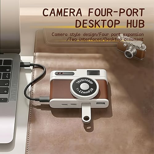 Miniatura 3 de Hub USB C, concentrador USB de 4 puertos con 2 puertos USB-A 2.0 y 2 puertos USB-C, adaptador USB compacto estilo cámara vintage para laptop,