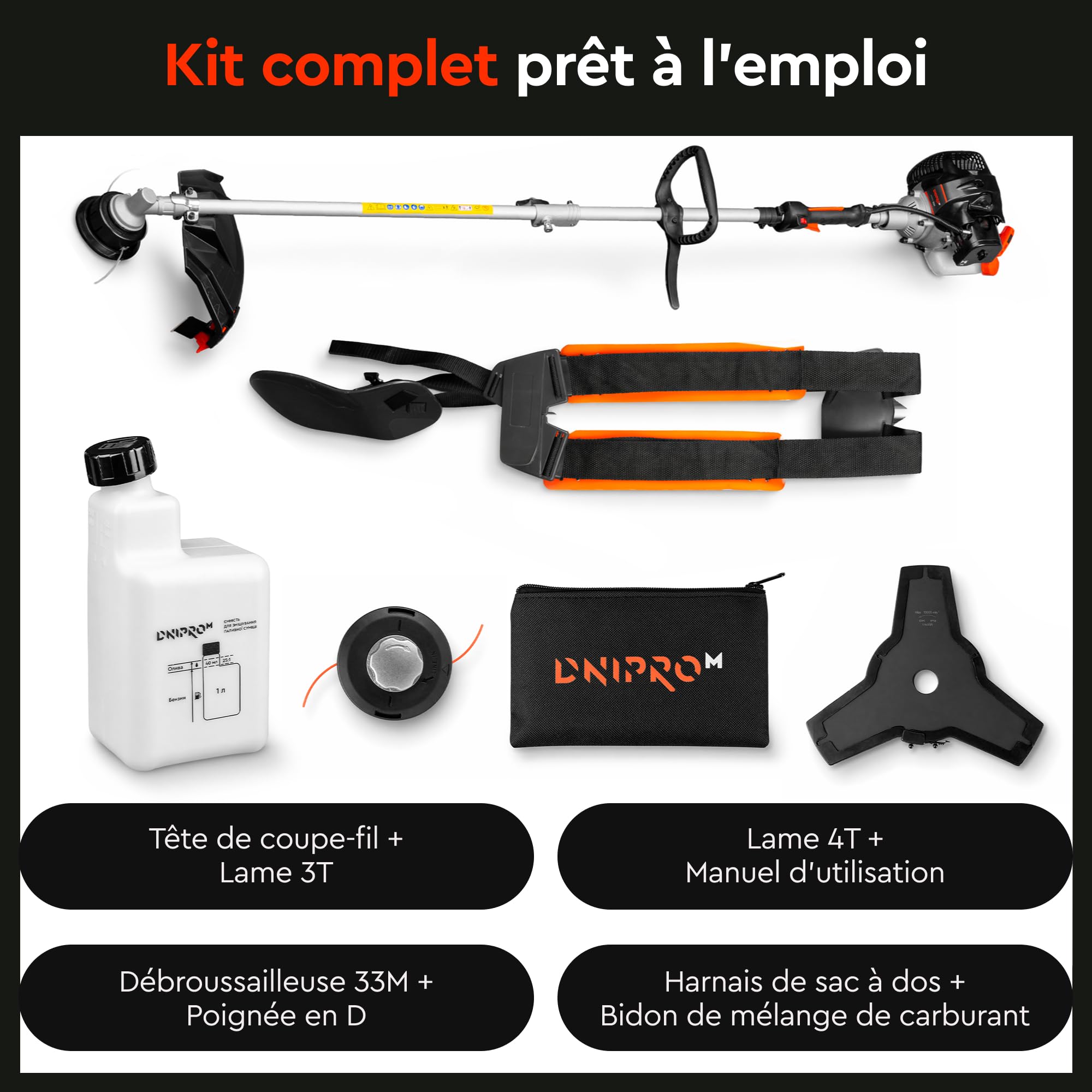 Débroussailleuse Thermique Dnipro-M 33M, 32,6cm³, avec Fil et Lame de 255mm