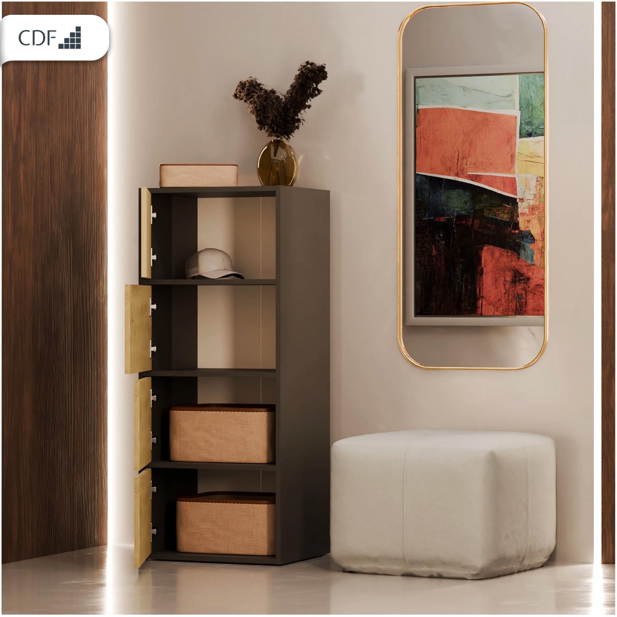 CDF Kommode Mehrzweckschrank 4 Türen Highboard Allzweckschrank Hochkommode Flurschrank für Wohnzimmer Büro Flur Schlafzimmer Aktenschrank Anthrazit/Eiche Artisan Regalschrank 16 mm Platte 40x50x119 cm