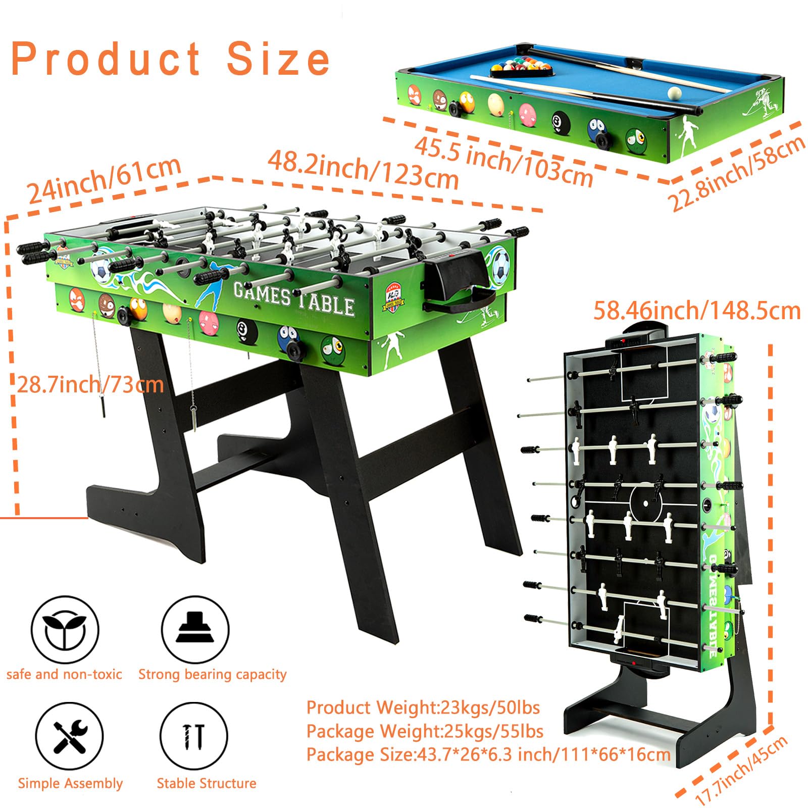 Tavolo multigioco 4 in 1 - Calcio balilla da 1,2 m/Air Hockey/Ping Pong con Accessori/Biliardo Pieghevole - Ideale per una serata di giochi in famiglia al chiuso (103 x 58 x 73 cm).