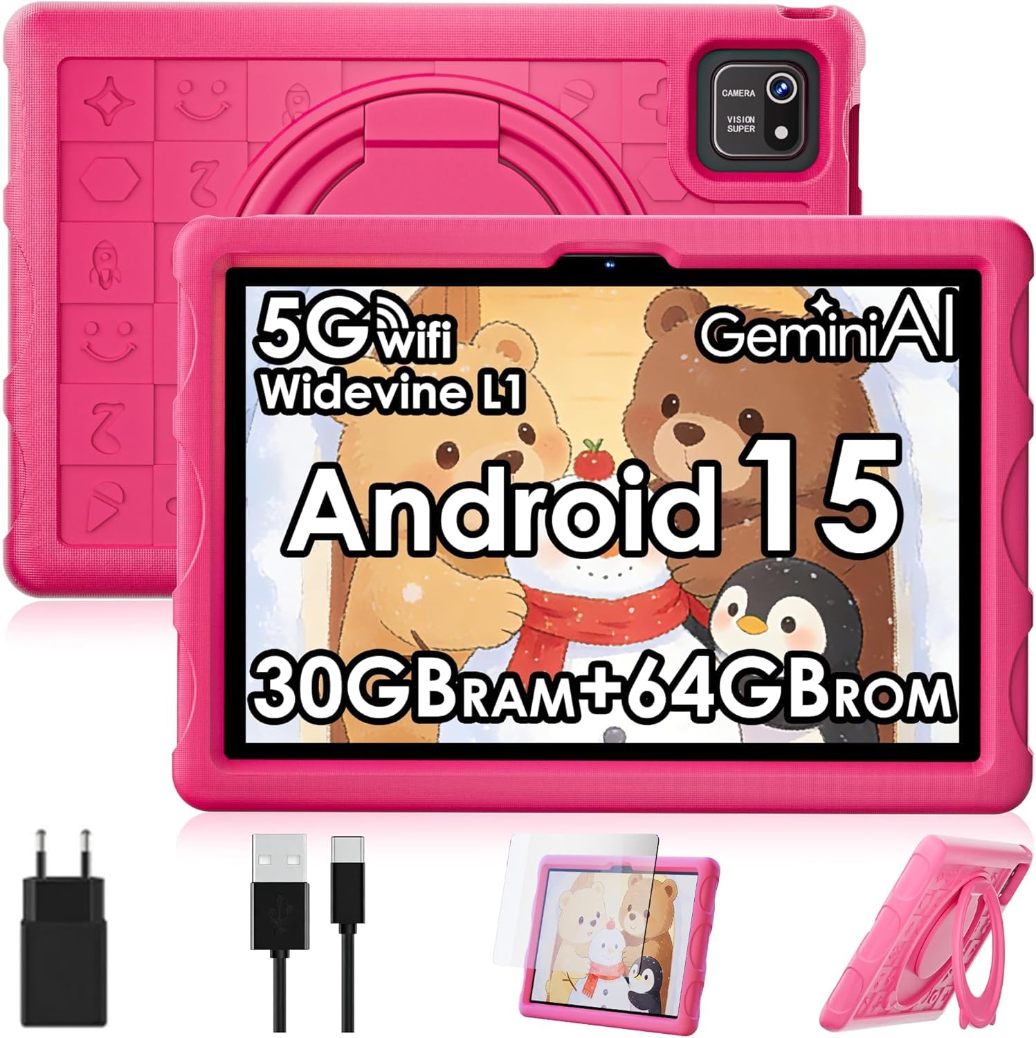 ZENTALITY Kinder Tablet 10 Zoll Android 15 mit 30GB RAM + 64GB ROM(2TB), 5G WLAN 6, Widevine L1, Elterliche Kontrolle, 8-Core, 8000 mAh, Kids Tablet mit Kinder Hülle Eva + 360° Drehbarer Ständer, Rot