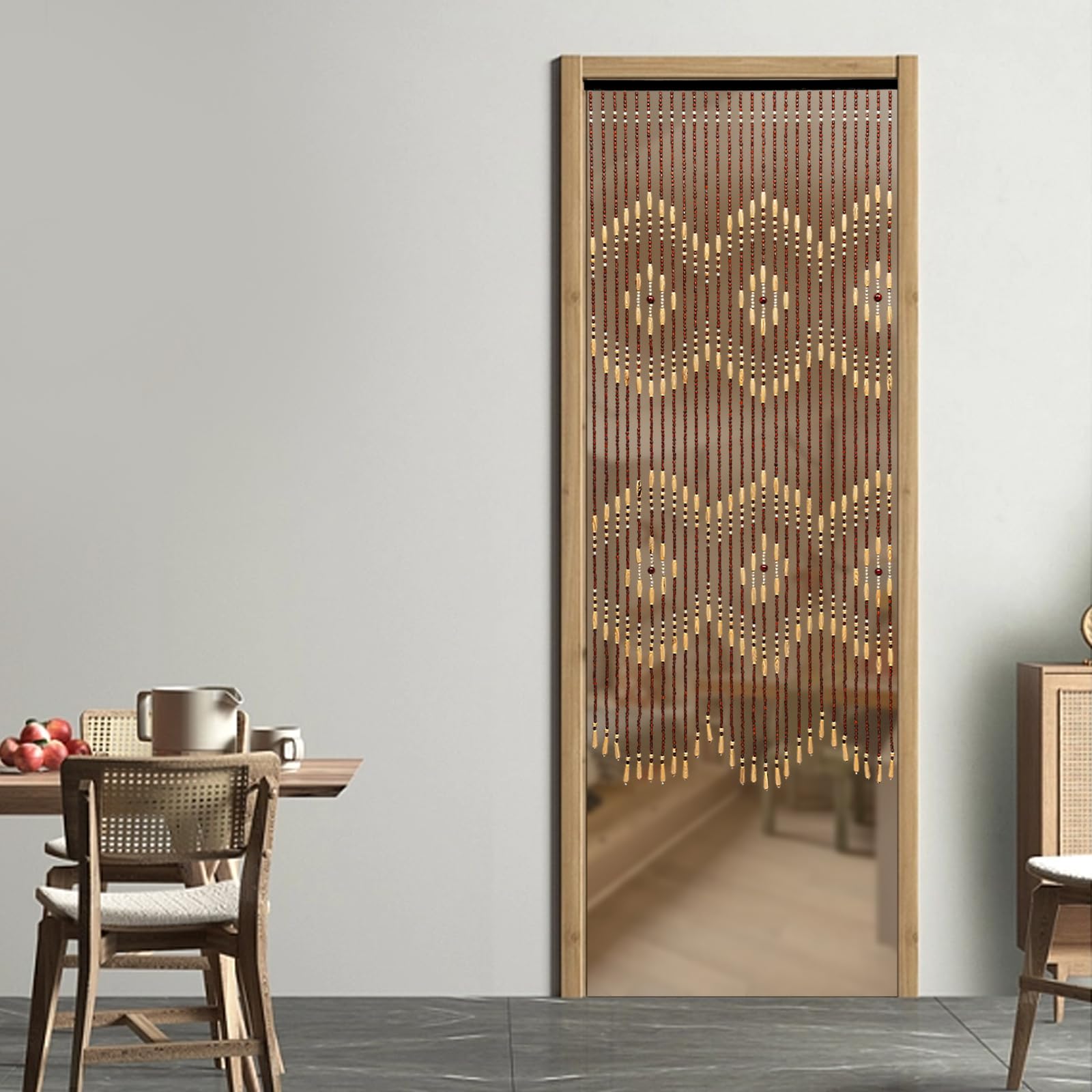 MINRS Tenda per porta, tenda decorativa, tenda in perle di bambù e legno, misure 90 x 175 cm, tenda in legno e bambù per porte in soggiorni, balconi, cortili, uffici, Beige e Marrone