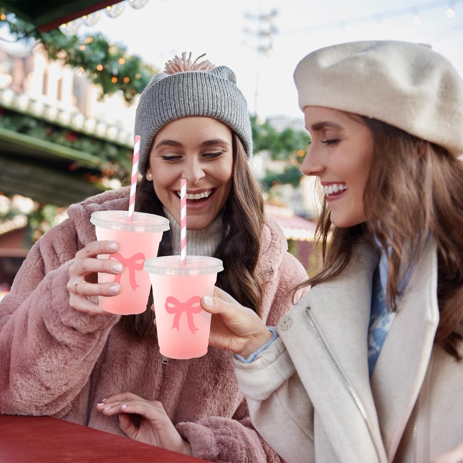 Whaline 50Pcs Pink Bow Disposable Plastic Cups with Lids and Straws 12Oz Lovely Bowknot Cold Beverage Drinking Cups for Wedding Birthday Bridal Baby Shower Party Supplies - Image 7