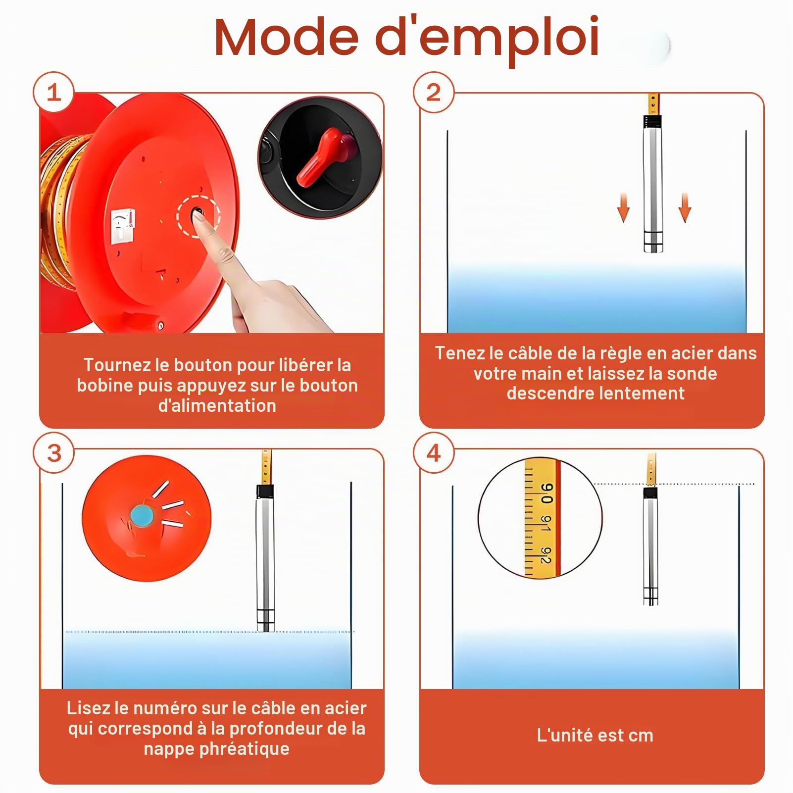 Indicateur électronique de Niveau d'eau pour puits, Outil de Mesure du Niveau d'eau avec sonde en Acier Inoxydable, sondeur Portable pour puits Profonds et forages 100m(328ft)