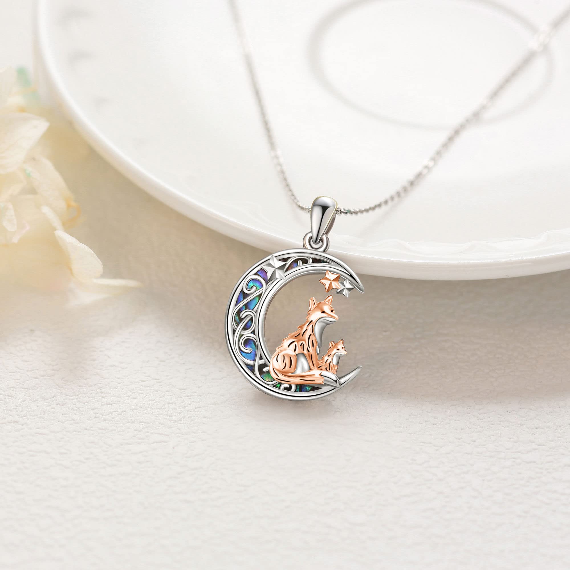 Fuchs/Katze Halskette Sterling Silber Fuchs auf Mond/Schwarze Katze Anhänger Tier Schmuck Geschenke für Frauen Mutter