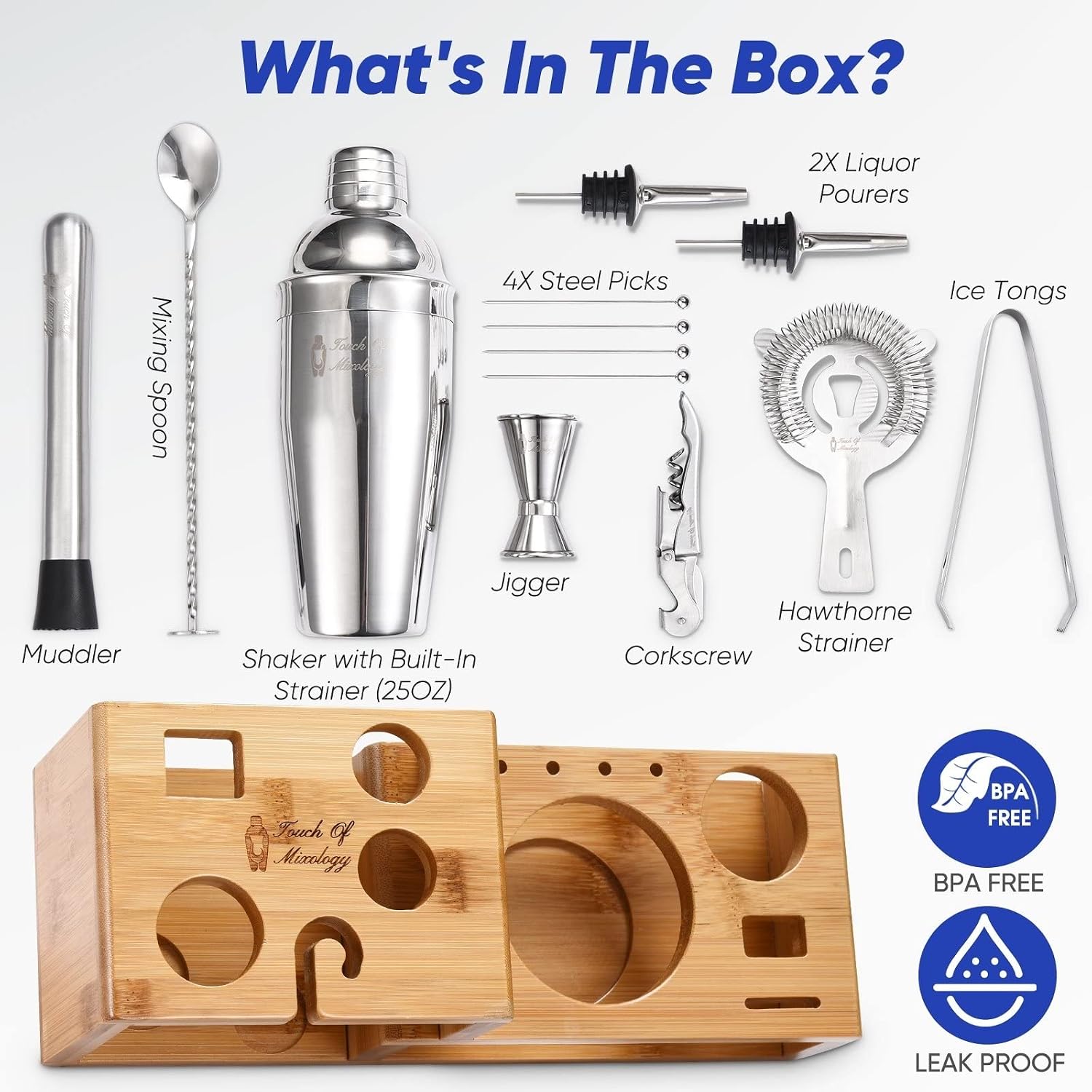 Touch of Mixology 14 Piece Bartender Kit Bar Set Cocktail Shaker Silver Stainless Steel Wood 8 Or More Pieces