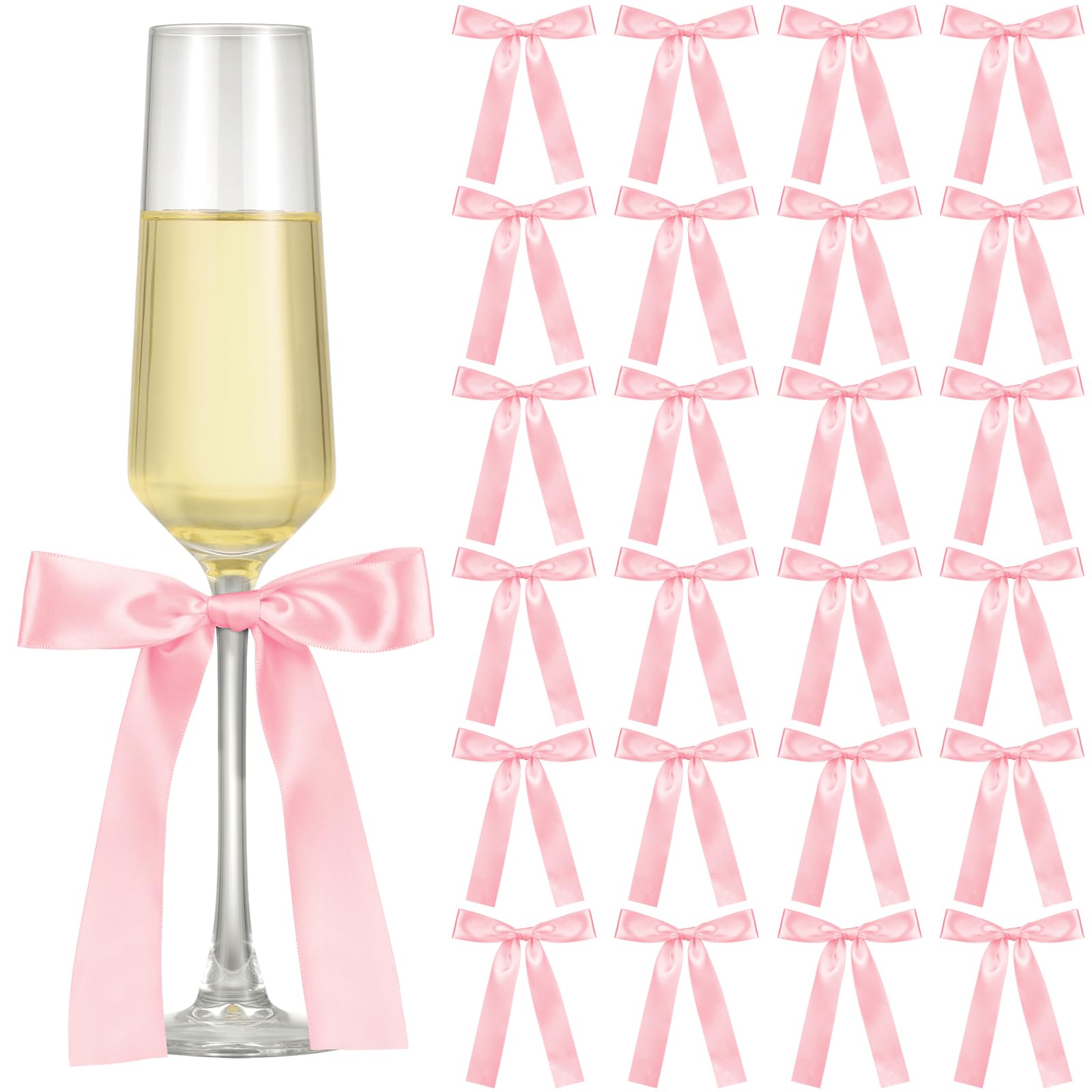 Photo 1 of Jingmore 24 Pack Bows for Champagne Glasses Candle Holder 6.7 x 4 Inch Bow Drink Tags Wine Glass Candlestick Ribbon Self Adhesive Name Marker for Wedding Anniversary Party Gift Decor(Pink)