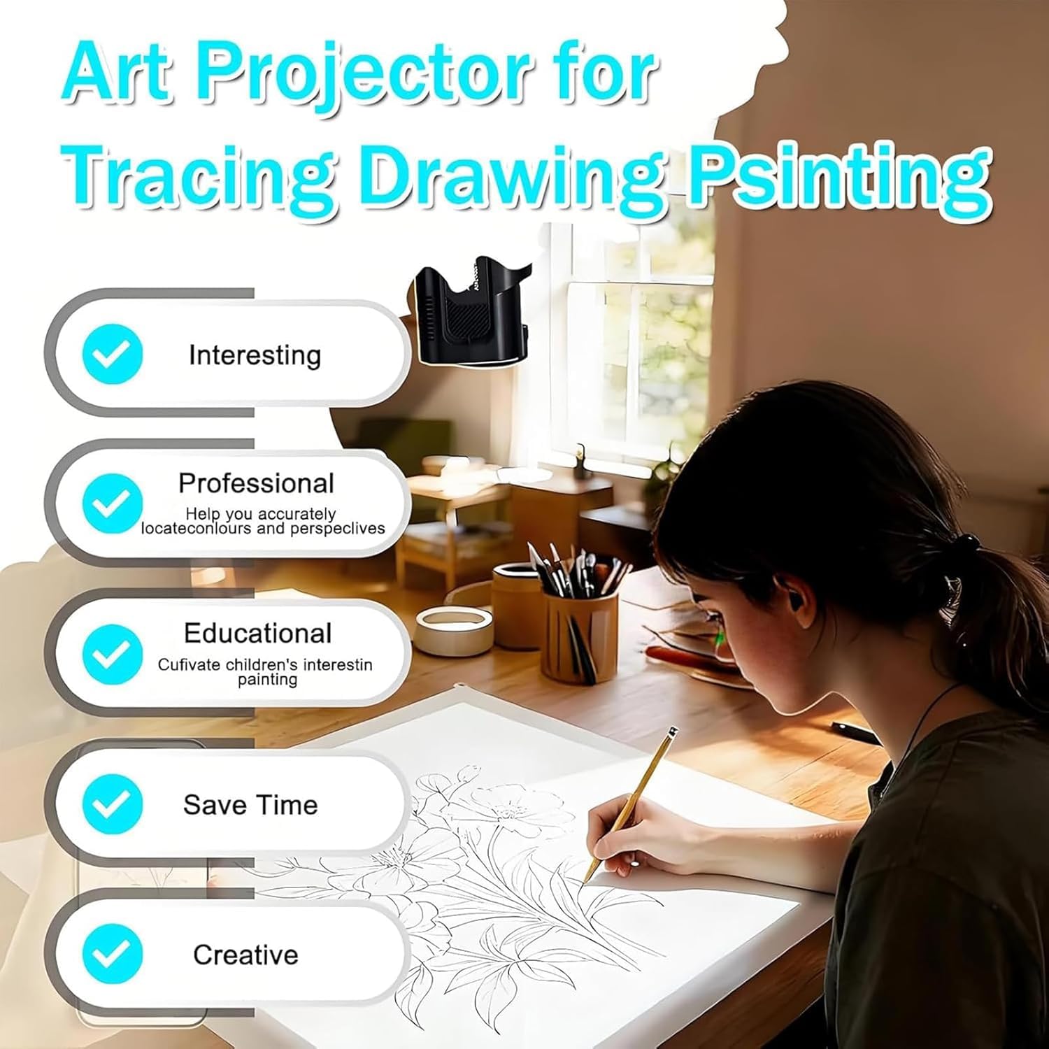 Projektor do rysowania artystycznego, przenośny projektor rysunkowy do obliczeń, z regulacją ostrości i rozmiaru obrazu, kompatybilny z urządzeniami iOS i Android, idealny do projektów