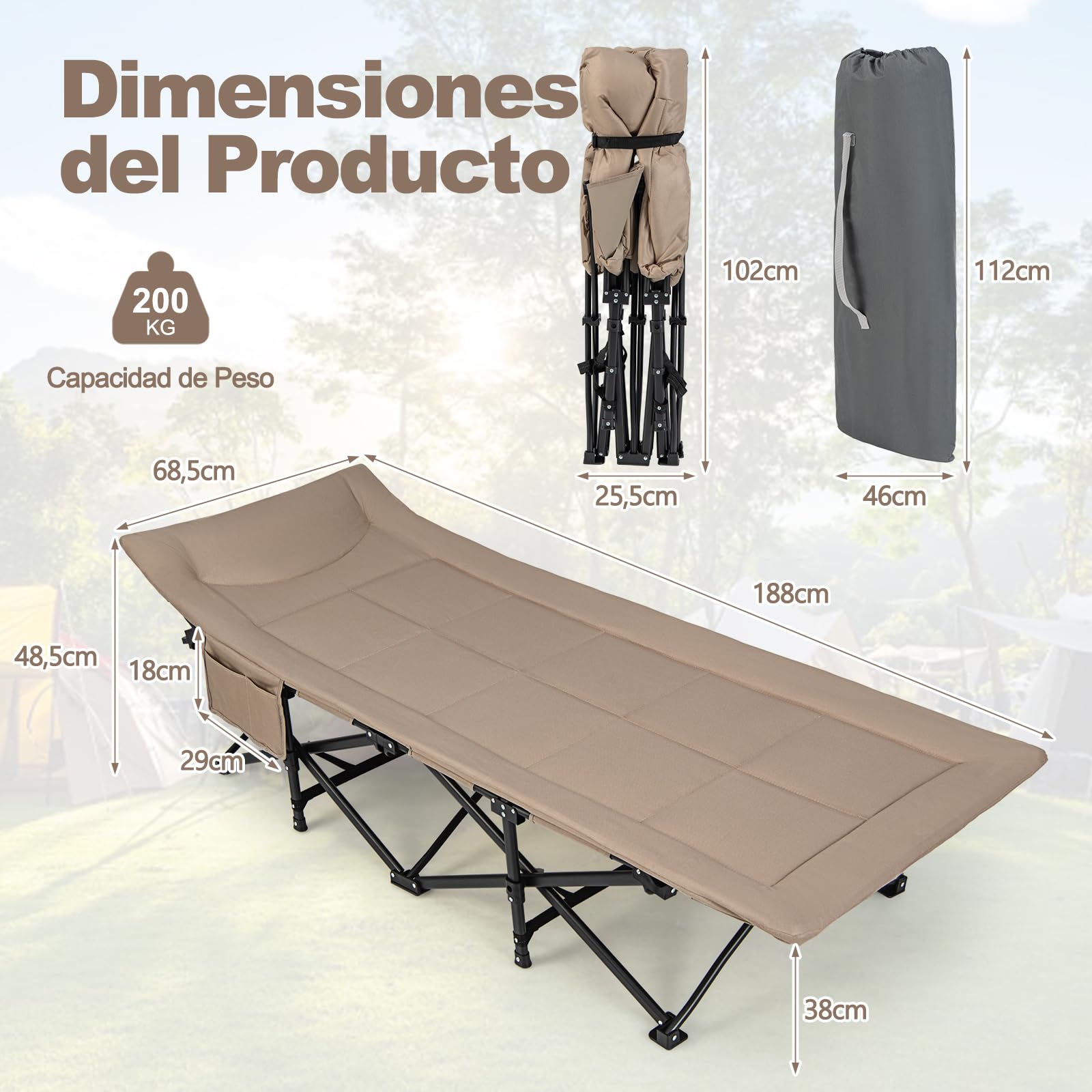 GOPLUS Cama de Camping Plegable, Cama Portátil con Soporte de Metal Sólido, Colchón Cómodo, Bolsa de Transporte, Bolsillo Lateral y Pies Antideslizantes, 190 x 68,5 x 48,5 cm, Carga 200 kg (Caqui)