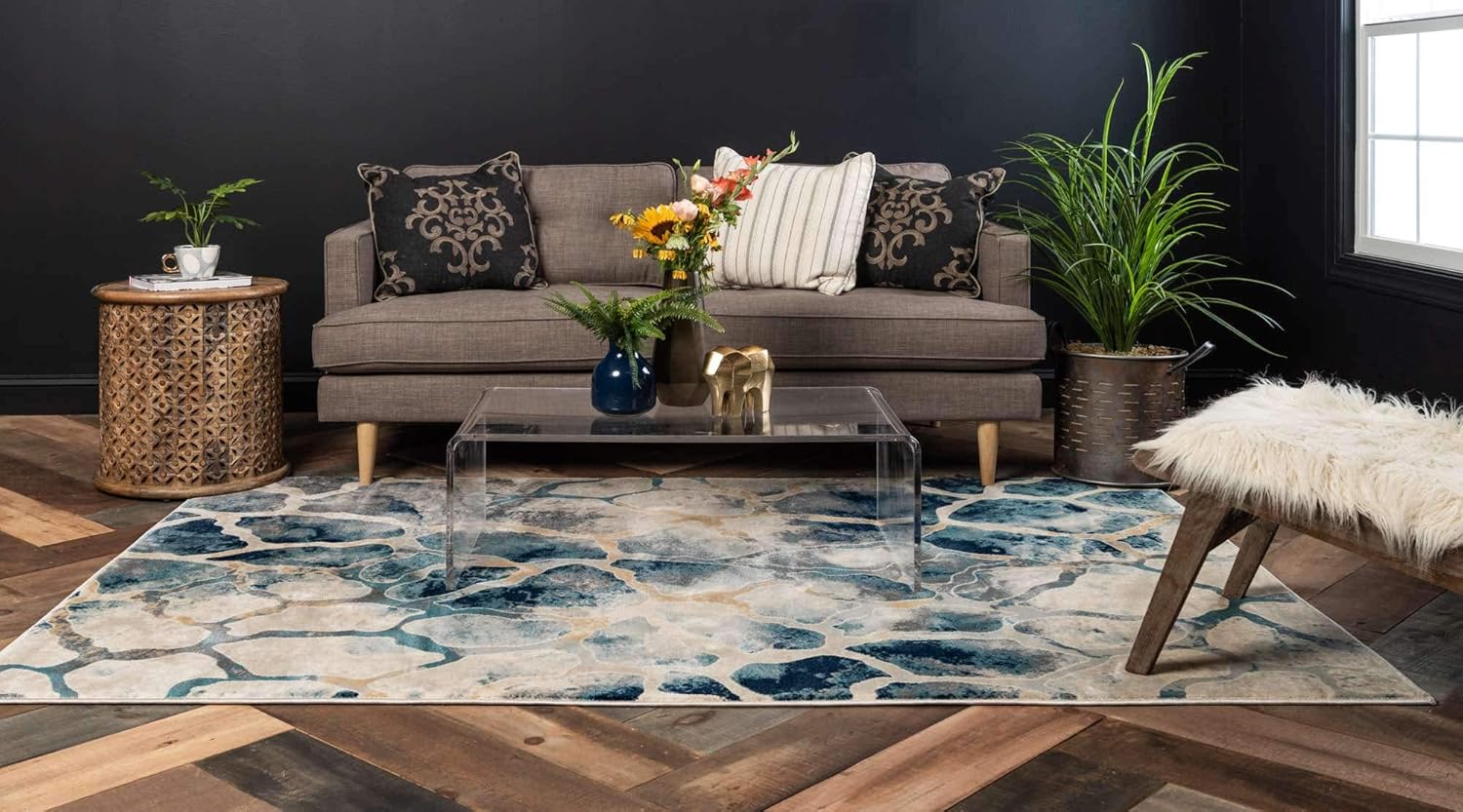 Unique Loom Mystic Collection Area Rug - Fitz Roy (5' 1" x 8' Rectangle, Navy Blue/ Beige)