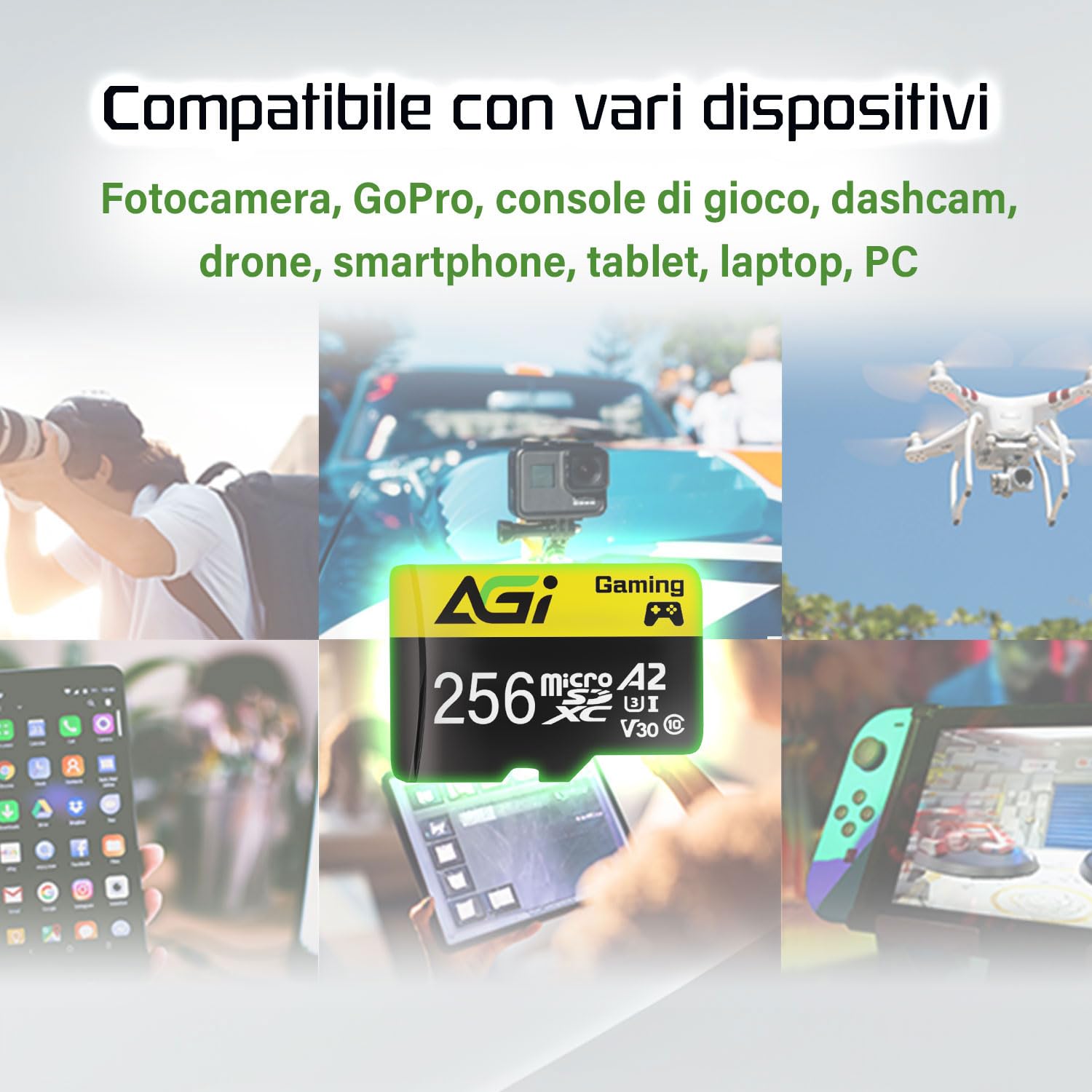 AGI TF138 256GB Scheda Micro SD con Adattatore SD Card MicroSDXC | Specifiche professionali A2, U3, V30. Velocità di lettura 98 MB/s per drone, dashcam, fotocamera e console Switch