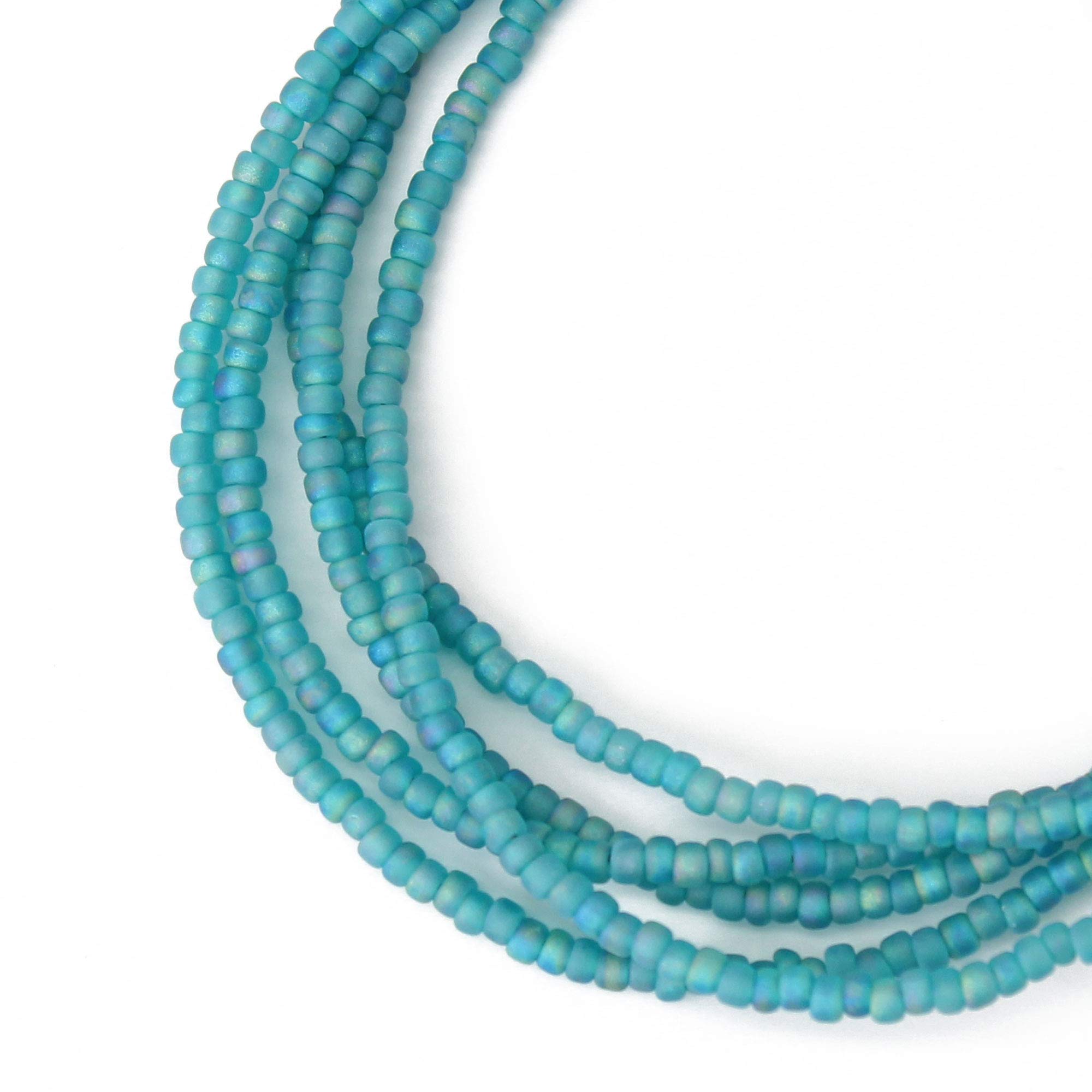 Handmade Matte Transparent Turquoise Seed Bead Necklace, Thin 1.5mm Single Strand